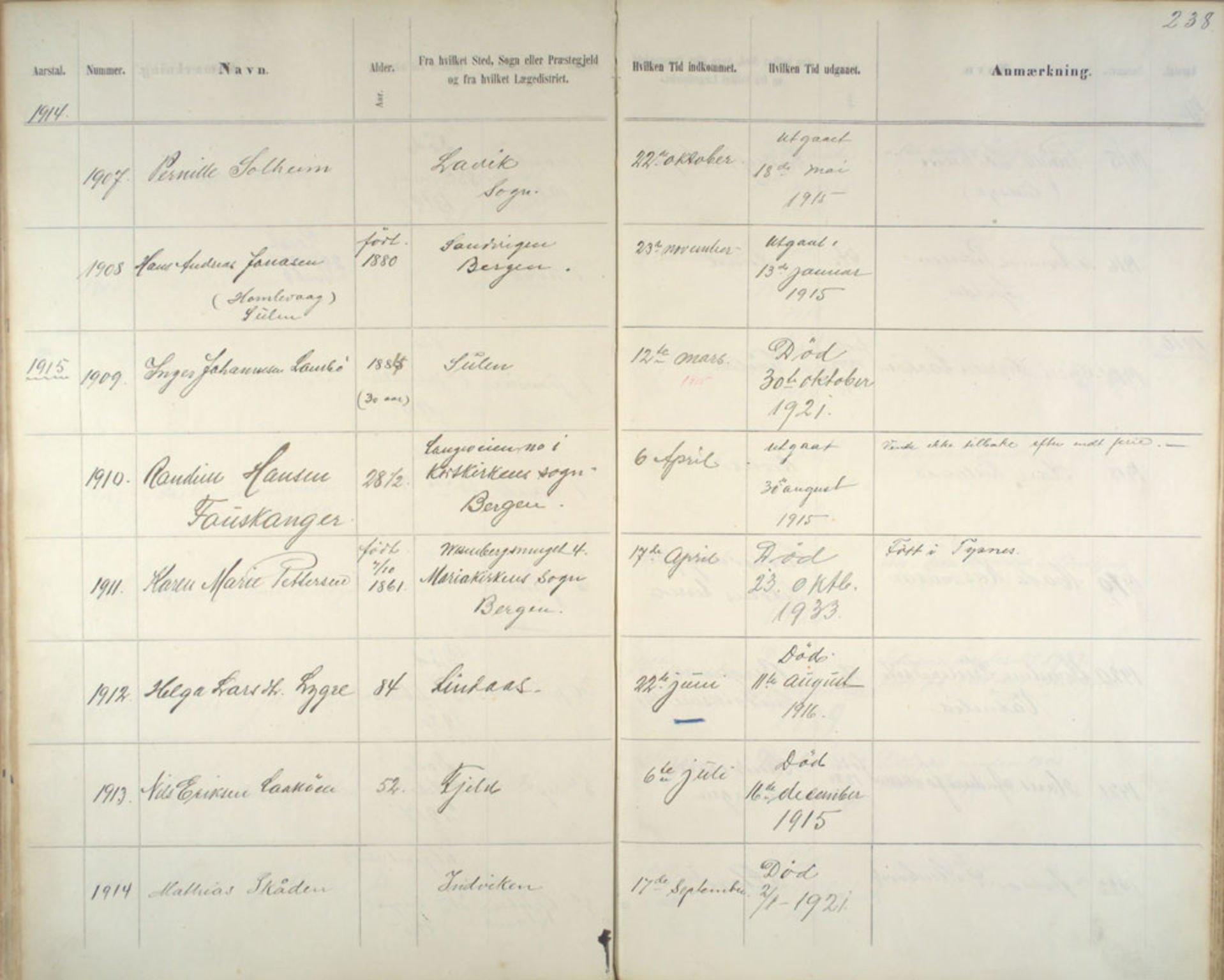 Lepraarkiver - Pleiestiftelsen for spedalske no.1, AV/SAB-A-60601/C/L0005: Av- og tilgangsliste, 1857-1955, p. 238