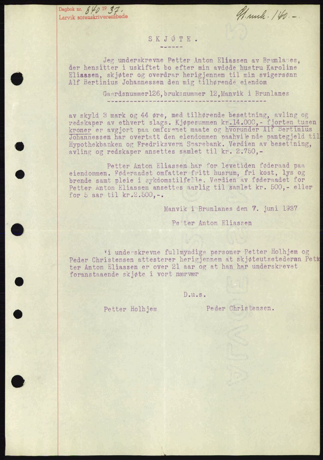 Larvik sorenskriveri, SAKO/A-83/G/Ga/Gab/L0067: Mortgage book no. A-1, 1936-1937, Diary no: : 840/1937
