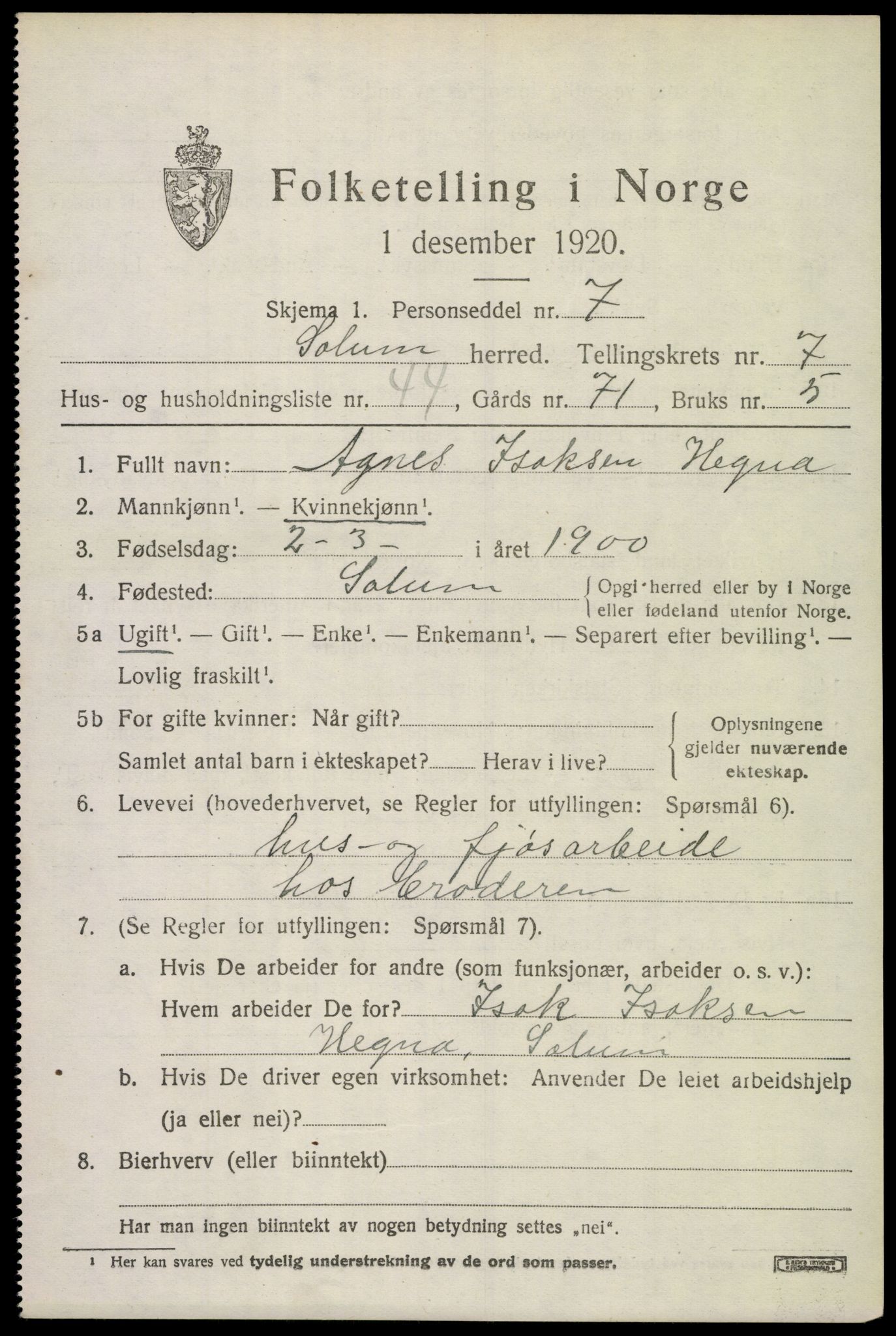 SAKO, 1920 census for Solum, 1920, p. 14282