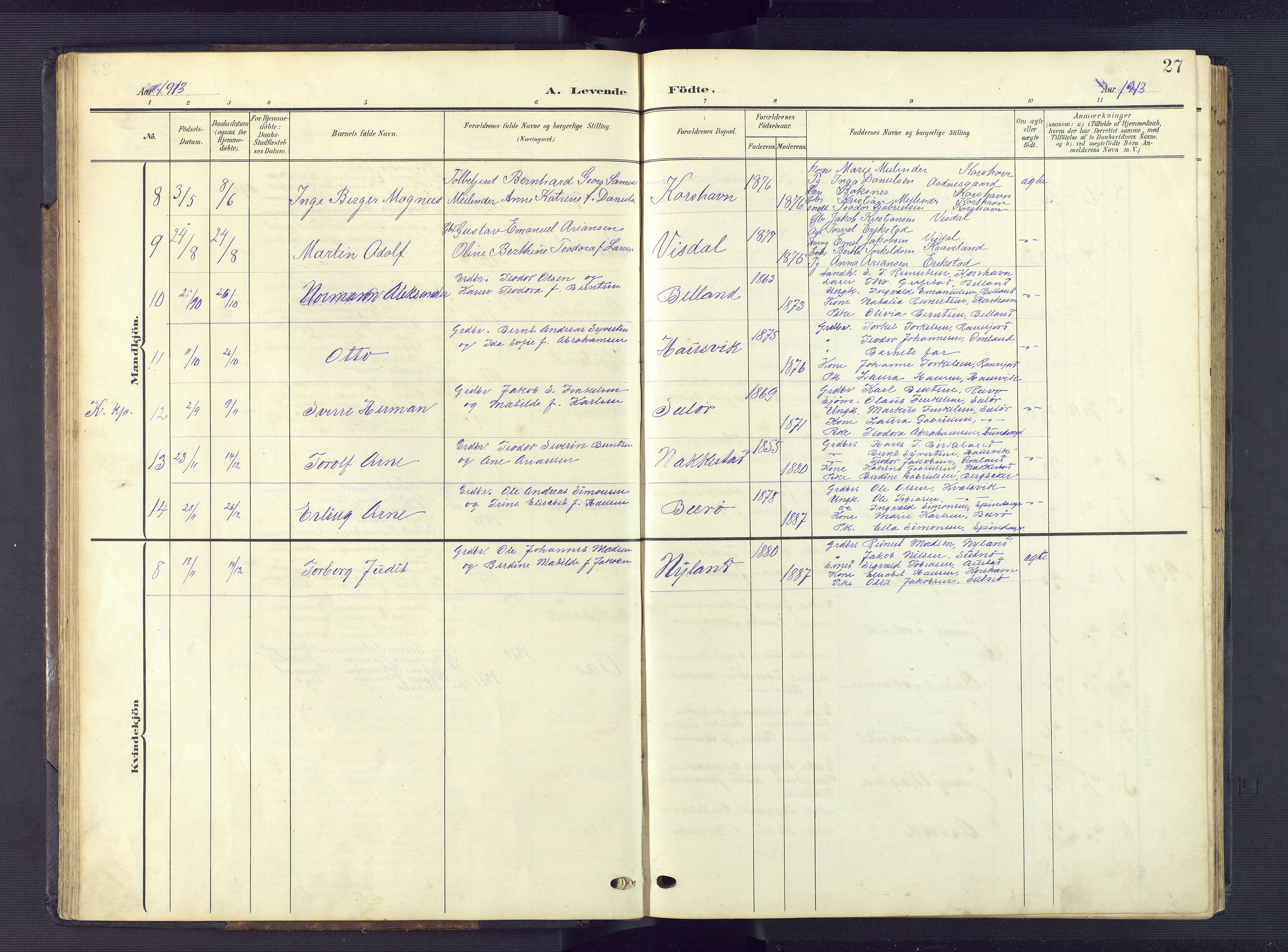 Lyngdal sokneprestkontor, AV/SAK-1111-0029/F/Fb/Fba/L0004: Parish register (copy) no. B 4, 1904-1950, p. 27