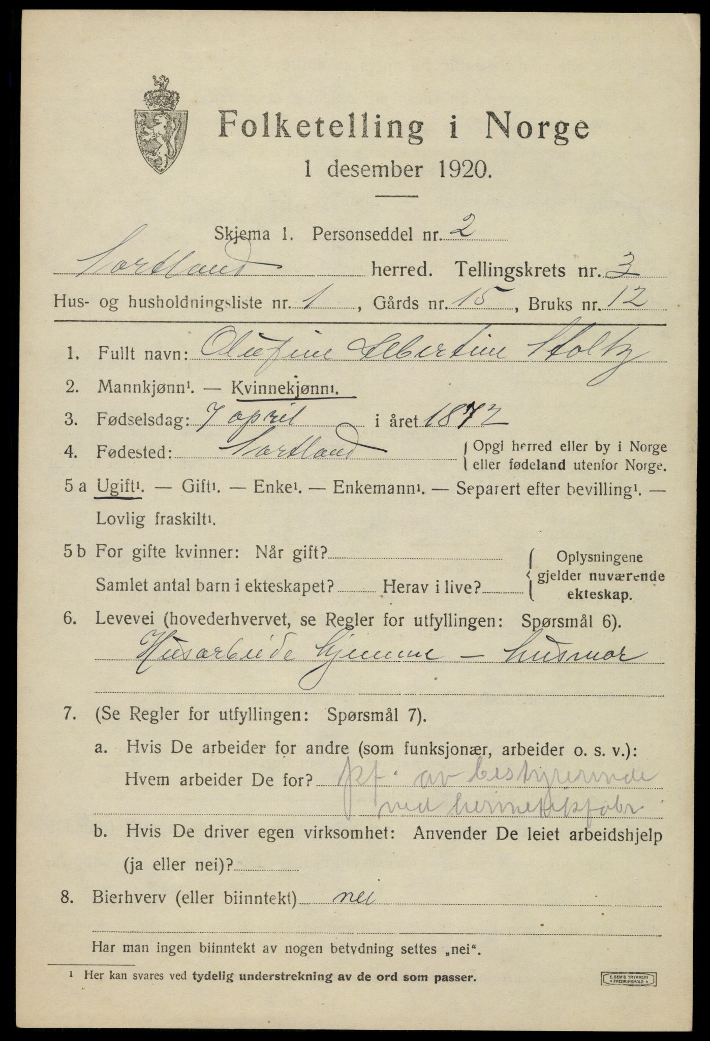 SAT, 1920 census for Sortland, 1920, p. 3616