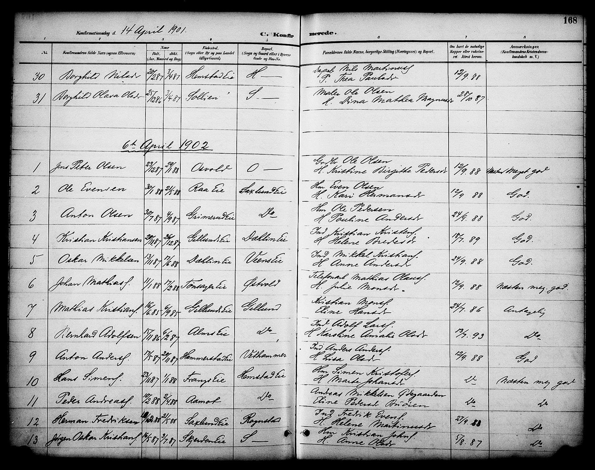 Stange prestekontor, SAH/PREST-002/K/L0020: Parish register (official) no. 20, 1894-1905, p. 168