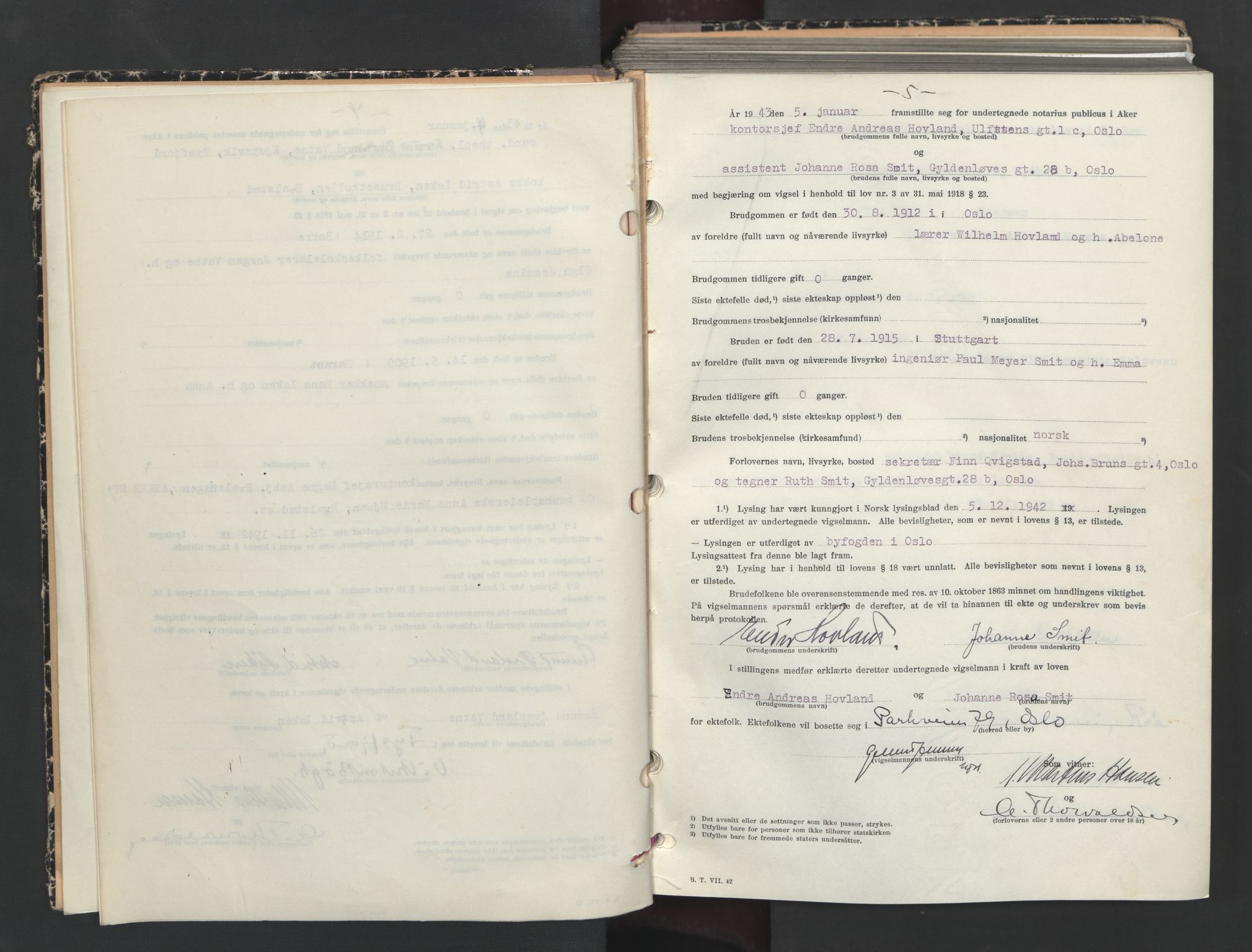 Aker sorenskriveri, AV/SAO-A-10895/L/Lc/Lcb/L0019: Vigselprotokoll, 1943, p. 5