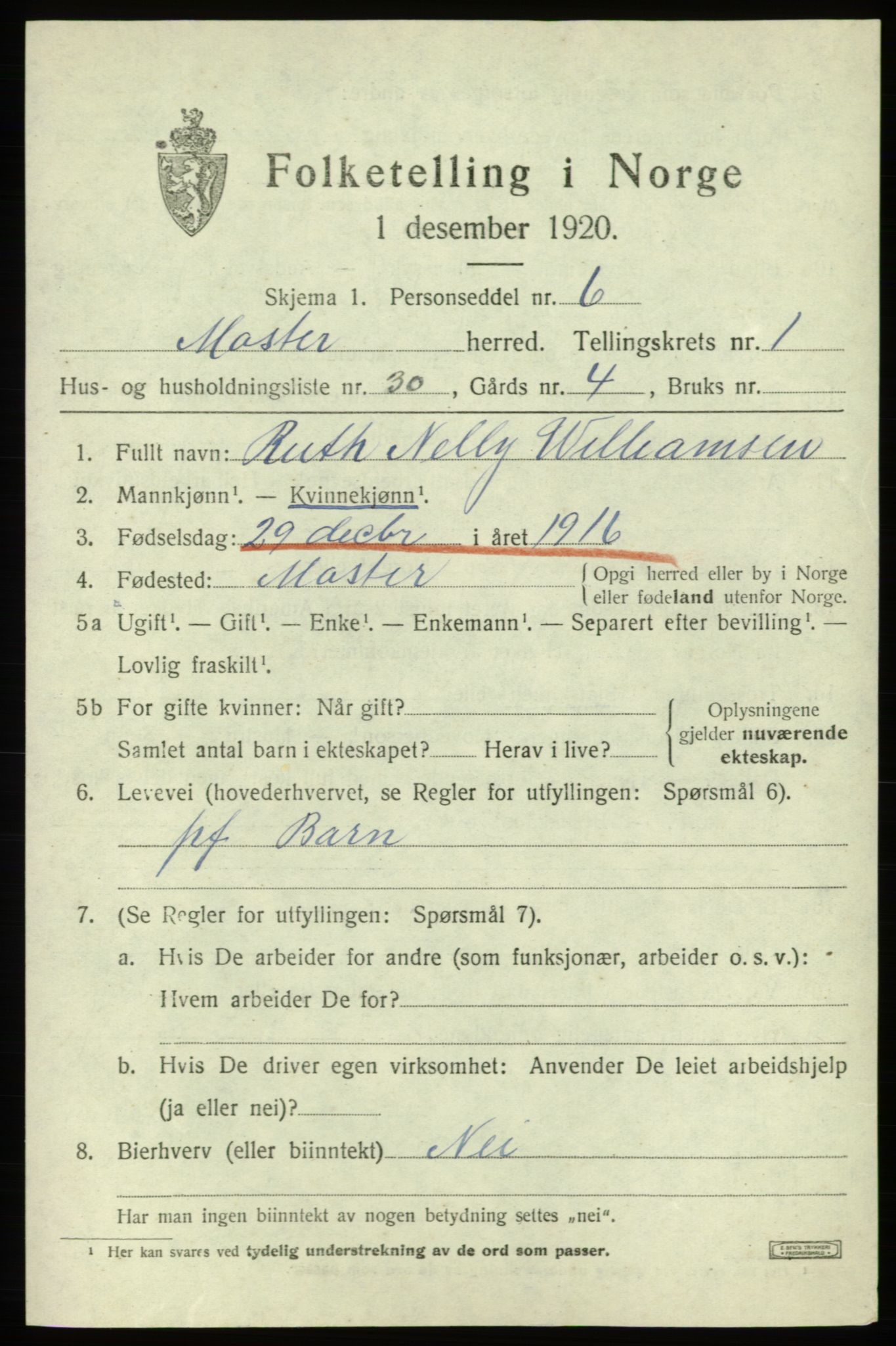 SAB, 1920 census for Moster, 1920, p. 817