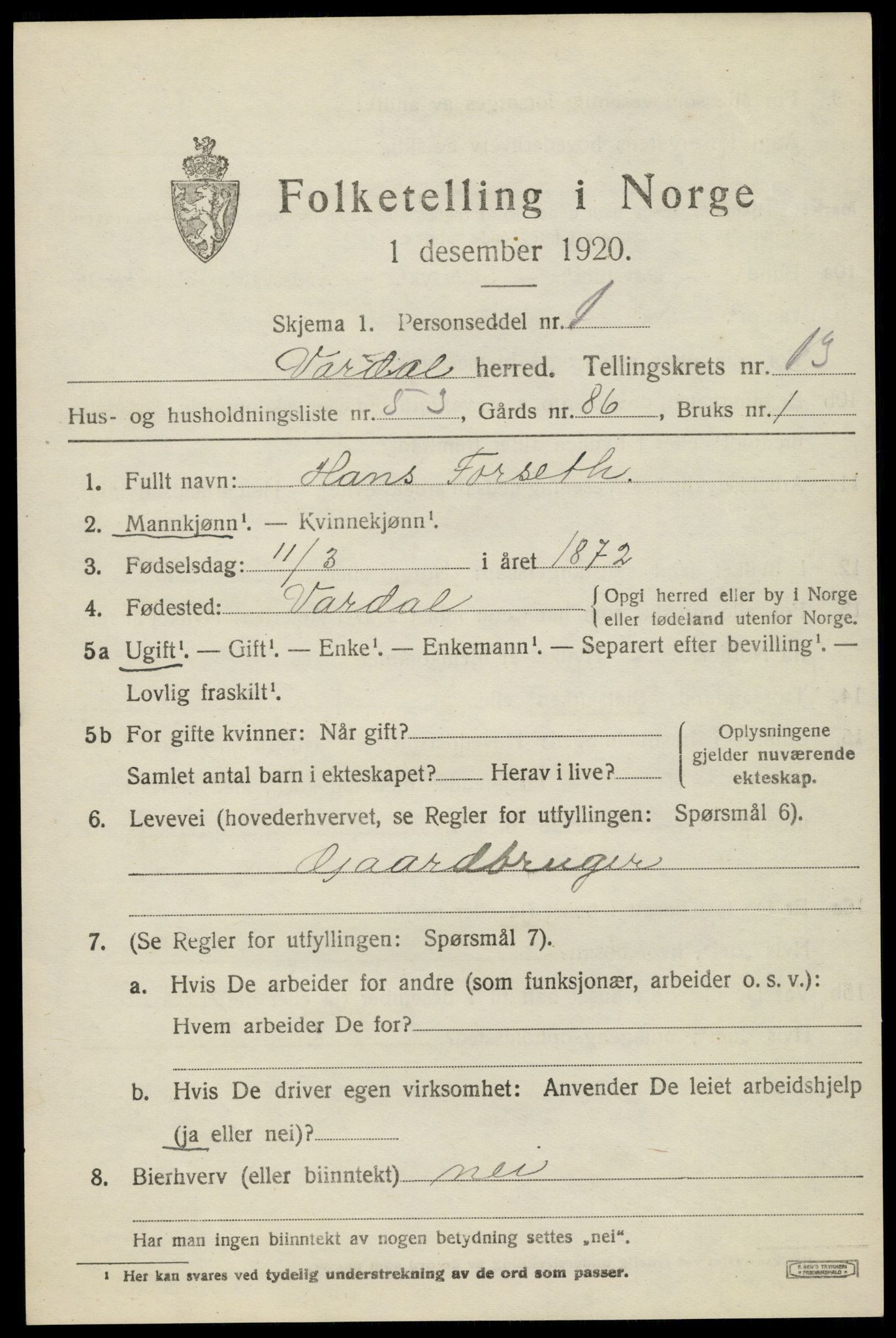 SAH, 1920 census for Vardal, 1920, p. 14399