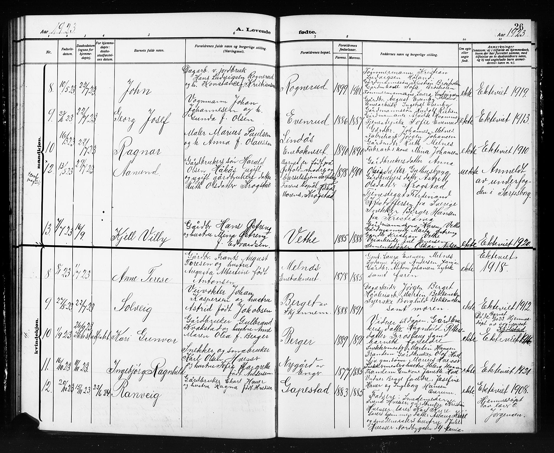 Trøgstad prestekontor Kirkebøker, AV/SAO-A-10925/G/Gb/L0001: Parish register (copy) no. II 1, 1911-1925, p. 26