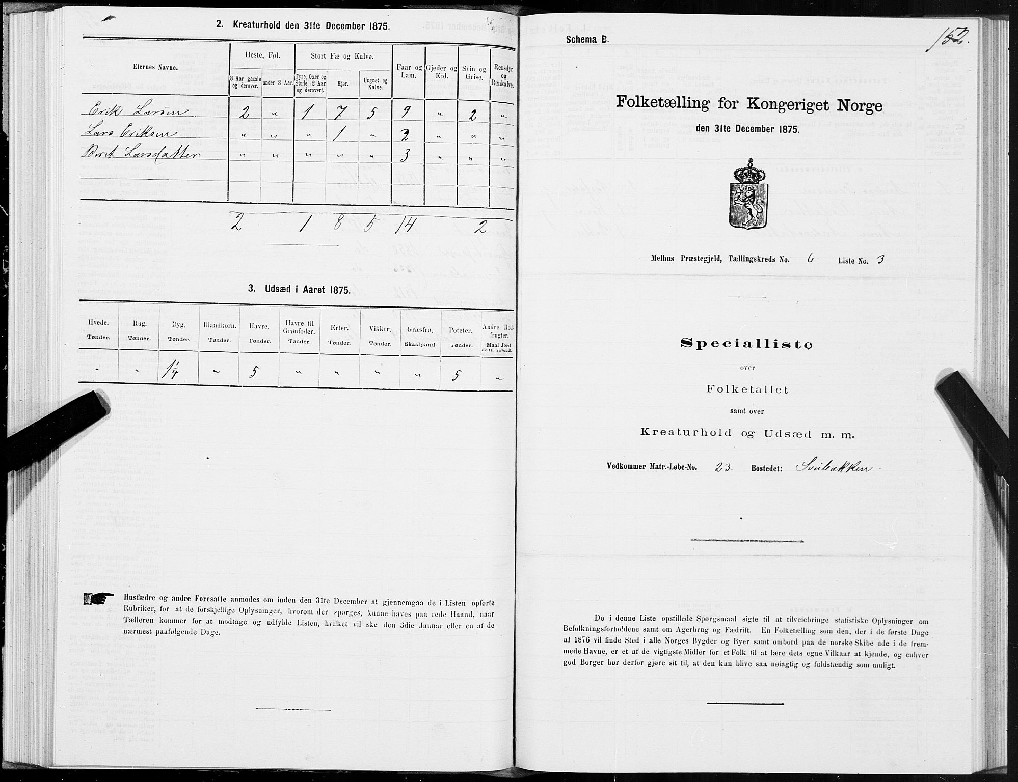 SAT, 1875 census for 1653P Melhus, 1875, p. 4152