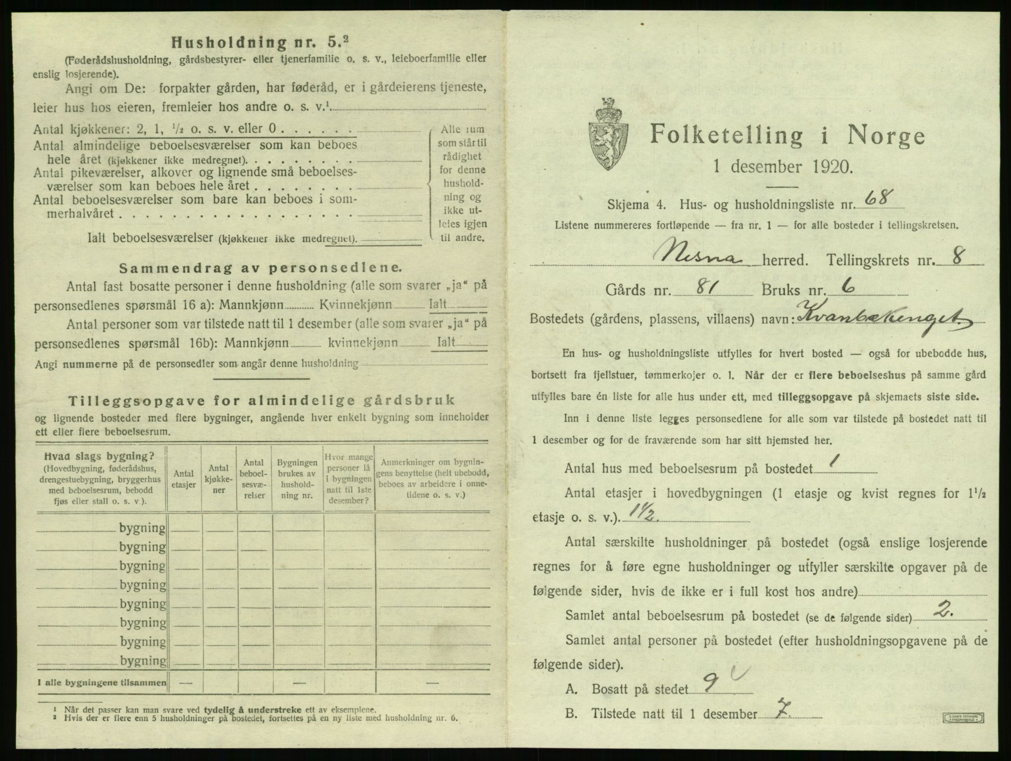 SAT, 1920 census for Nesna, 1920, p. 1065