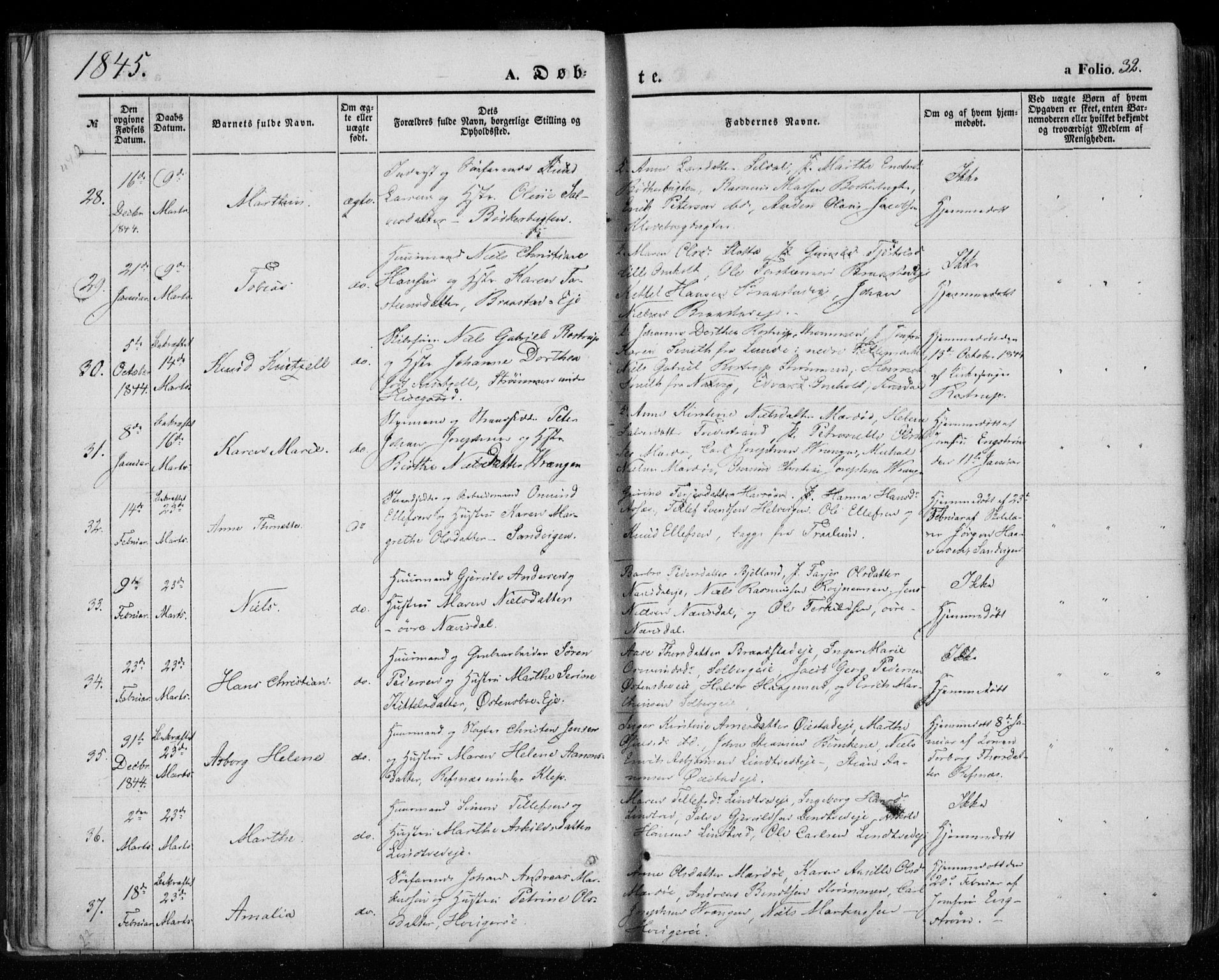 Øyestad sokneprestkontor, SAK/1111-0049/F/Fa/L0014: Parish register (official) no. A 14, 1843-1856, p. 32
