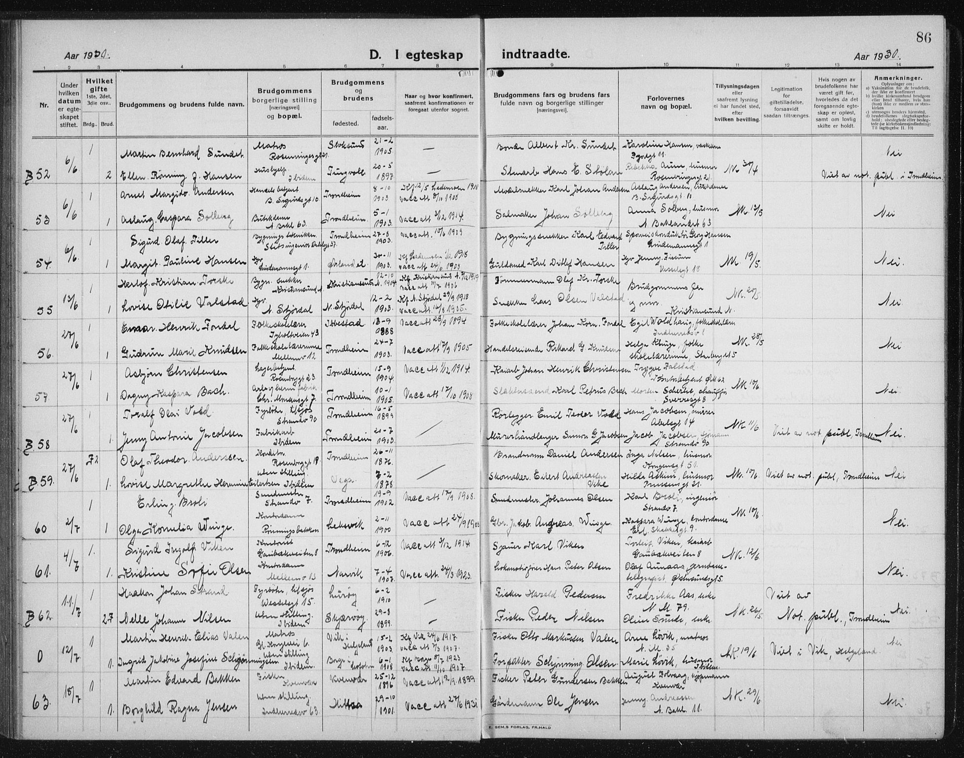 Ministerialprotokoller, klokkerbøker og fødselsregistre - Sør-Trøndelag, AV/SAT-A-1456/605/L0260: Parish register (copy) no. 605C07, 1922-1942, p. 86