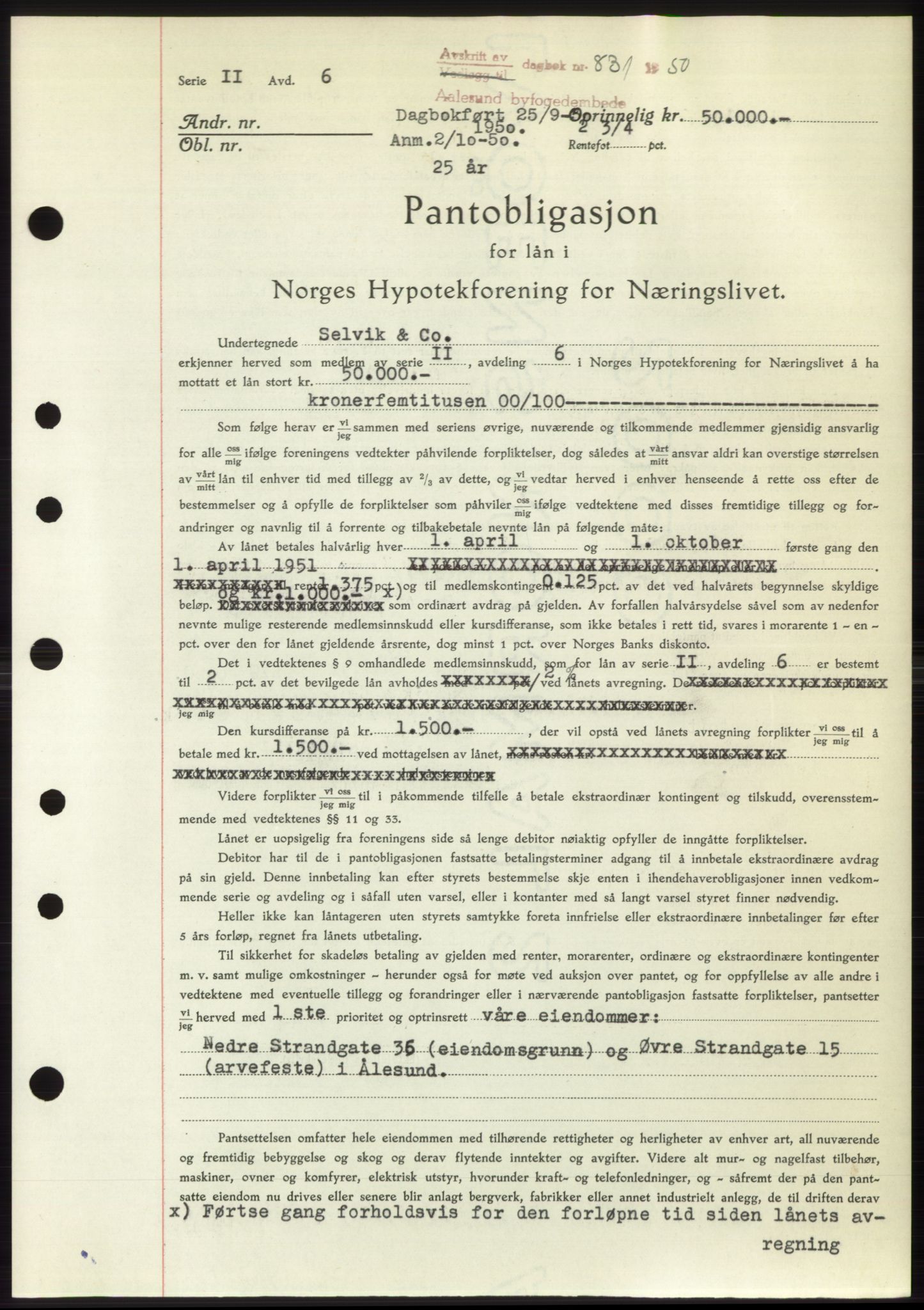 Ålesund byfogd, AV/SAT-A-4384: Mortgage book no. B36-38, 1948-1950, Diary no: : 831/1950