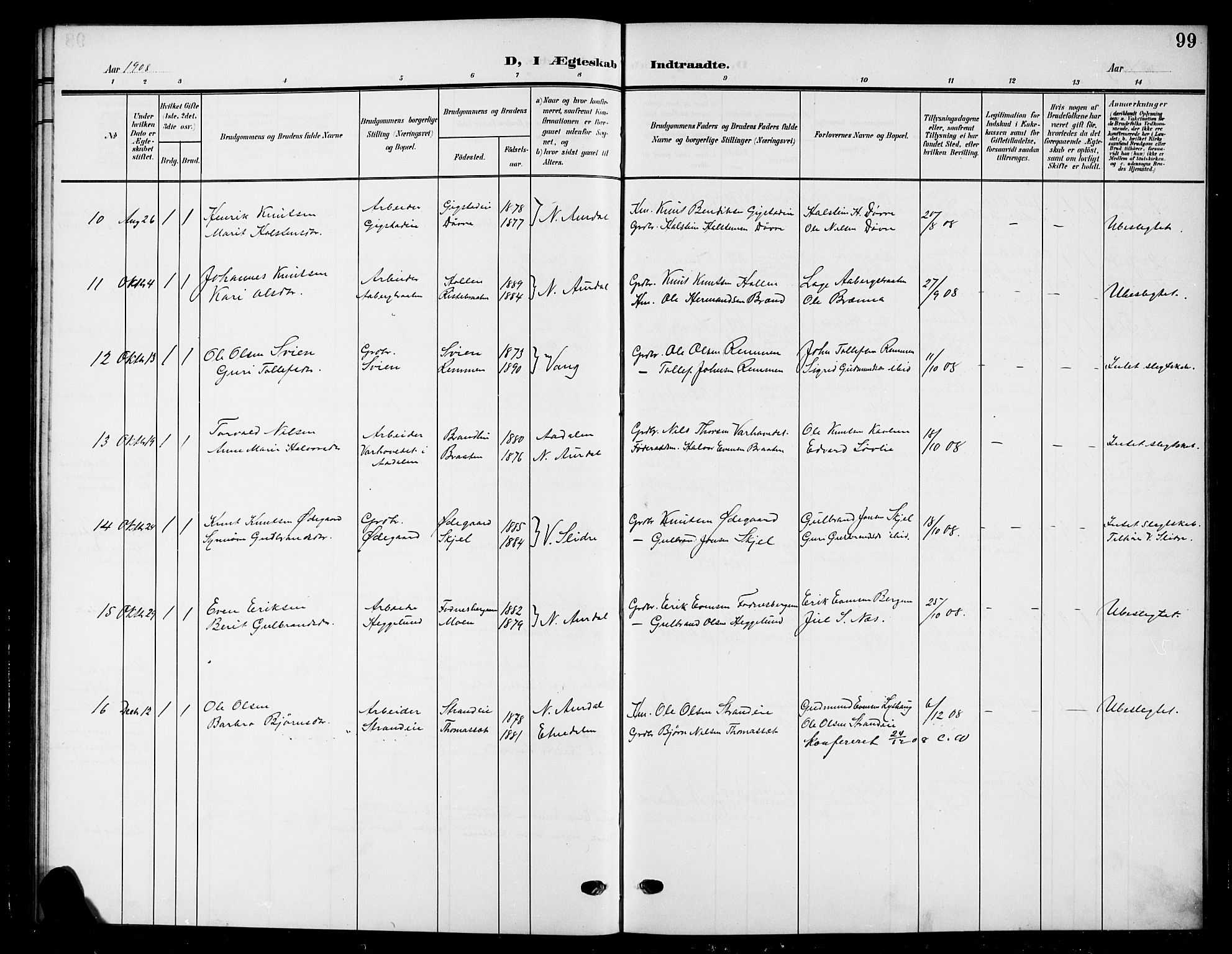 Nord-Aurdal prestekontor, SAH/PREST-132/H/Ha/Hab/L0012: Parish register (copy) no. 12, 1907-1920, p. 99