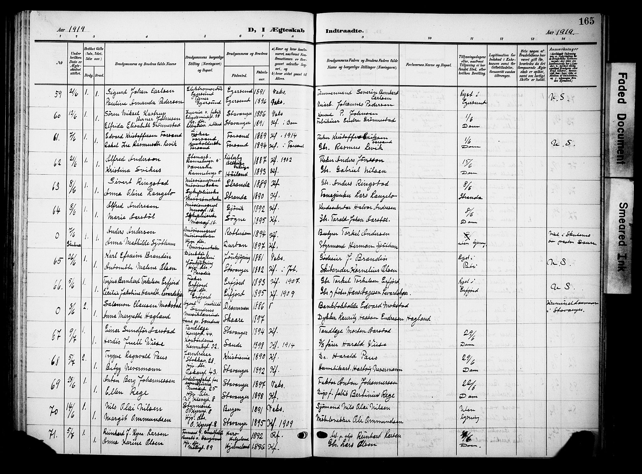 Domkirken sokneprestkontor, AV/SAST-A-101812/001/30/30BB/L0017: Parish register (copy) no. B 17, 1902-1921, p. 165