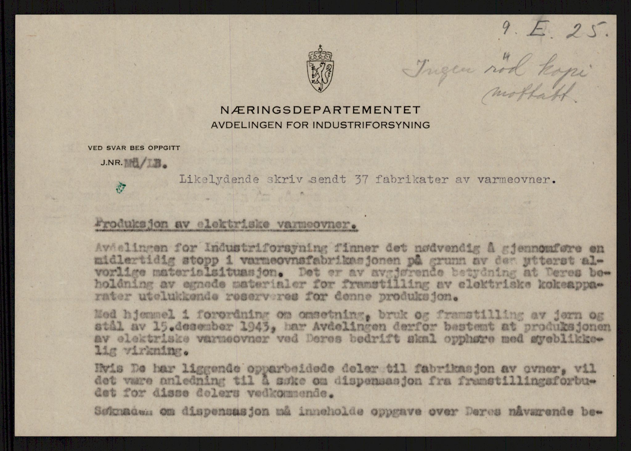 Direktoratet for industriforsyning, Sekretariatet, AV/RA-S-4153/D/Df/L0056: 9. Metallkontoret, 1940-1945, p. 175