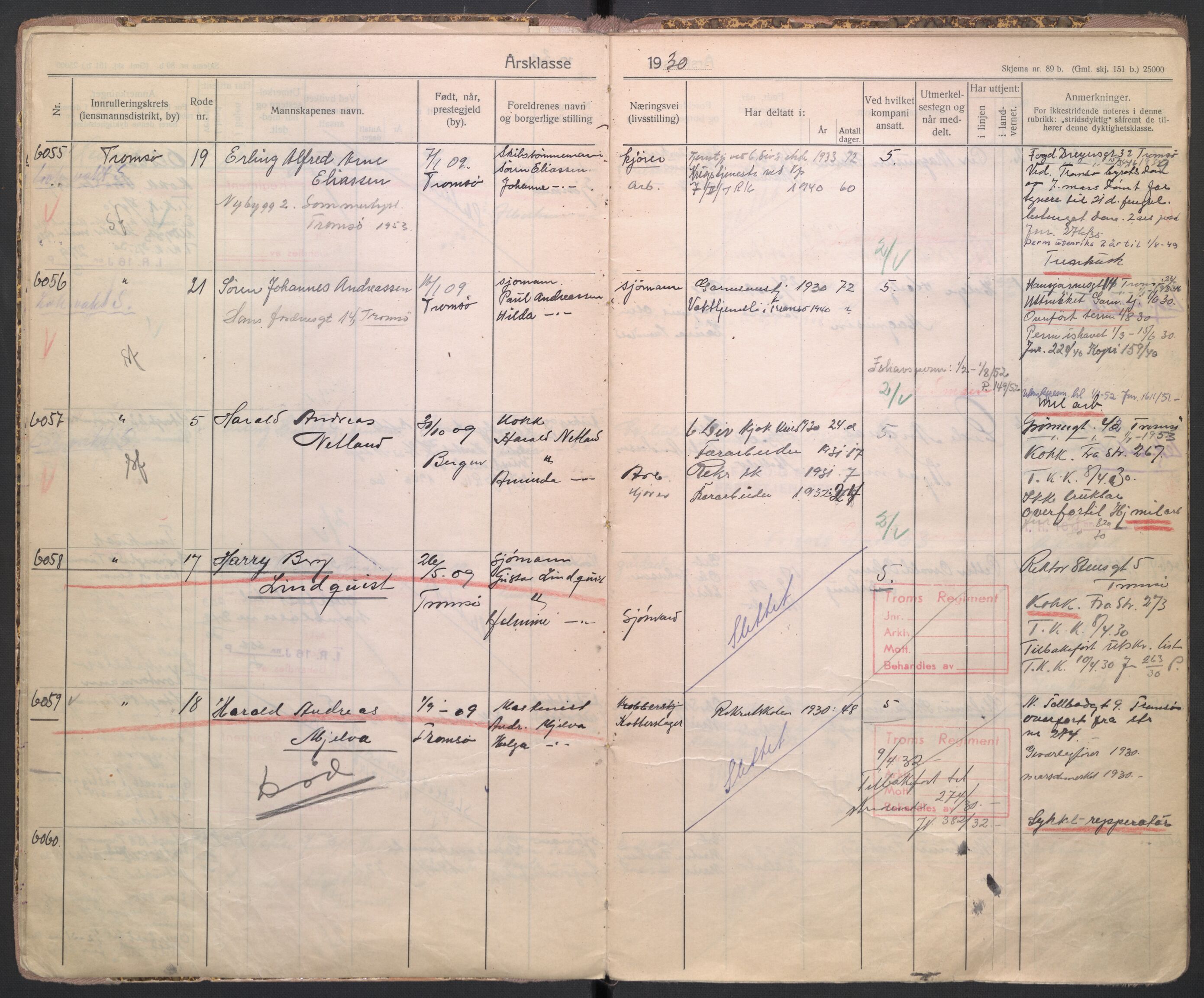 Forsvaret, Troms infanteriregiment nr. 16, AV/RA-RAFA-3146/P/Pa/L0005/0004: Ruller / Rulle for regimentets ikke-stridende menige mannskaper, årsklasse 1930, 1930