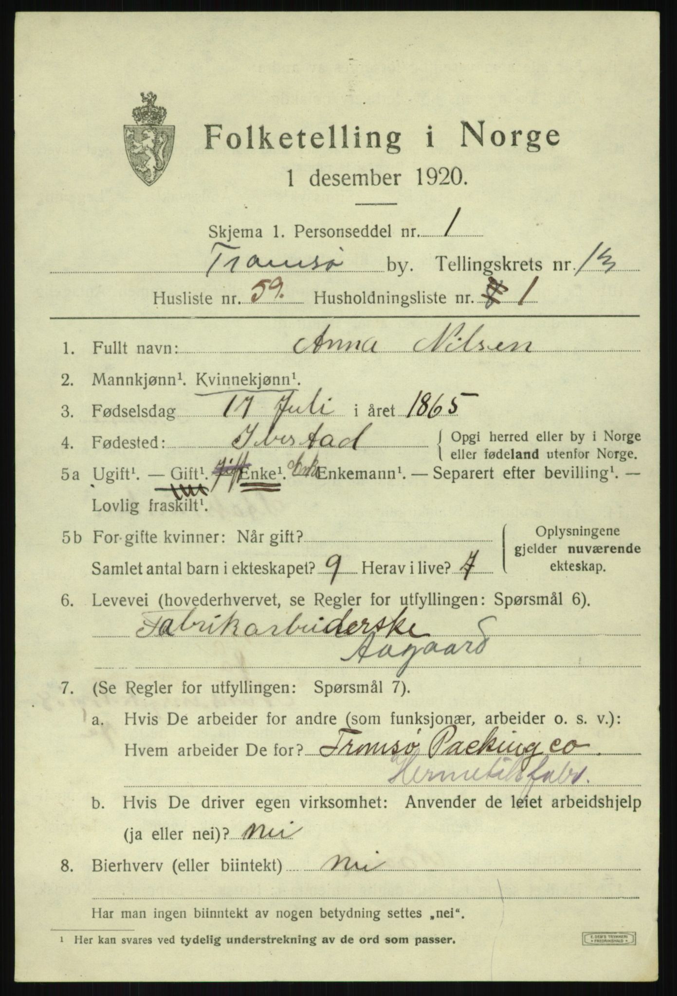 SATØ, 1920 census for Tromsø, 1920, p. 26189