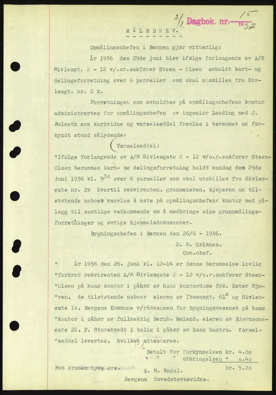 Byfogd og Byskriver i Bergen, SAB/A-3401/03/03Bc/L0004: Mortgage book no. A3-4, 1936-1937, Diary no: : 15/1937