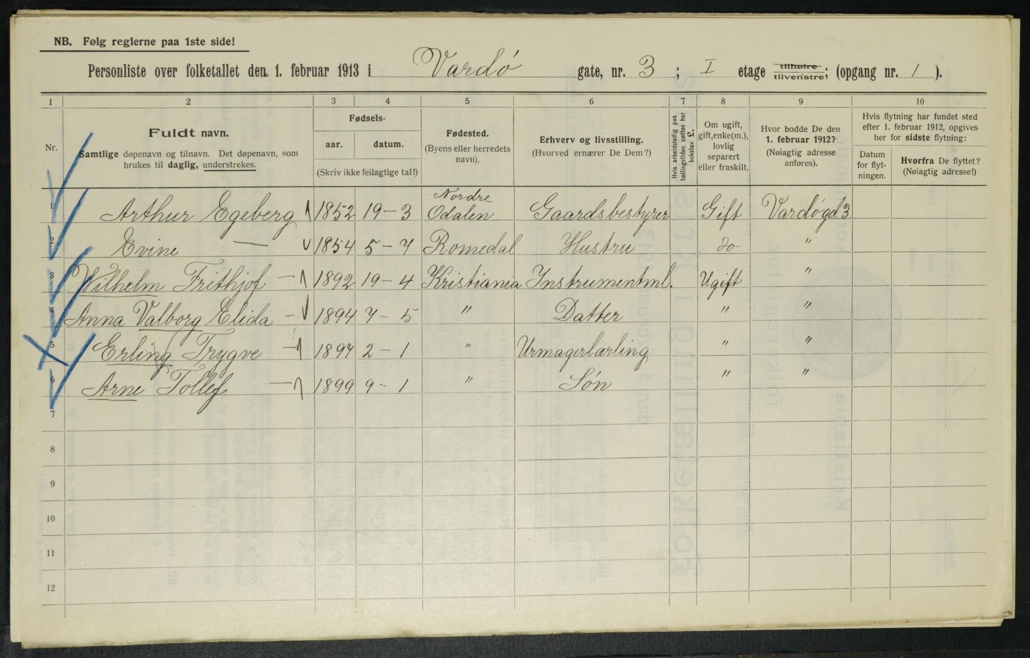 OBA, Municipal Census 1913 for Kristiania, 1913, p. 121737