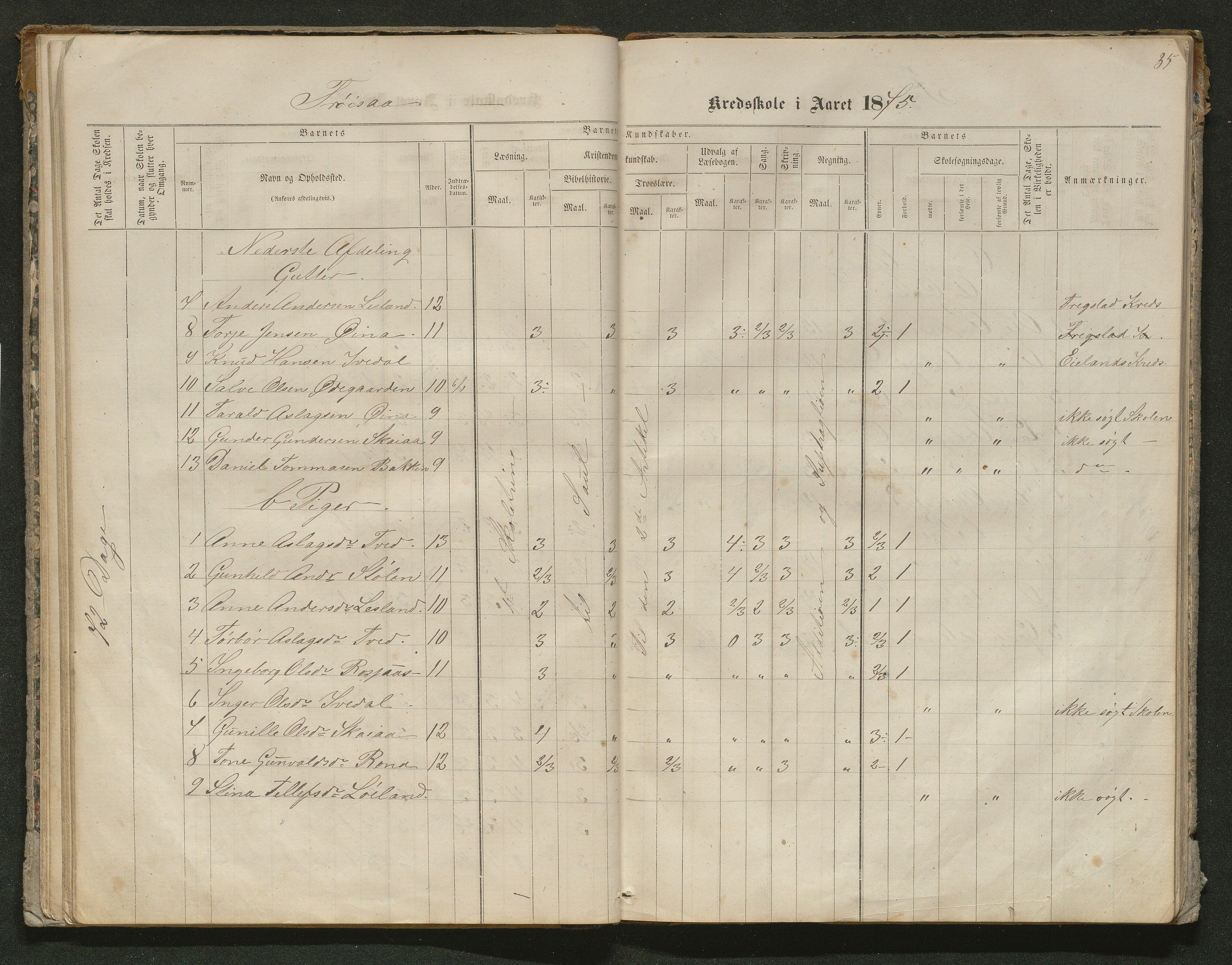 Iveland kommune, De enkelte kretsene/Skolene, AAKS/KA0935-550/A_10/L0005: Skoleprotokoll for Frøyså og Mykland krets, 1864-1881, p. 35