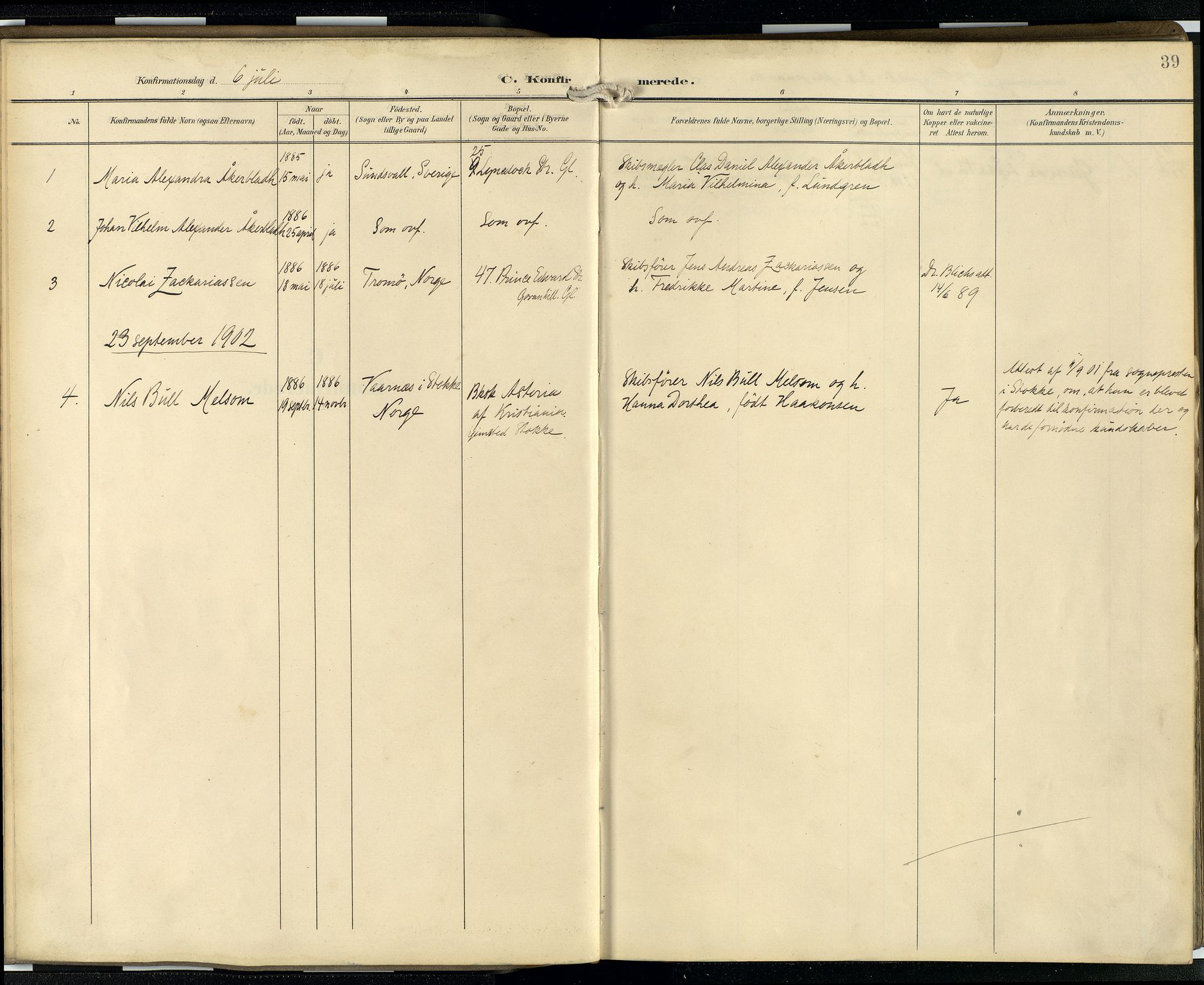 Den norske sjømannsmisjon i utlandet/Skotske havner (Leith, Glasgow), SAB/SAB/PA-0100/H/Ha/Hab/L0001: Parish register (official) no. A 1, 1902-1931, p. 38b-39a
