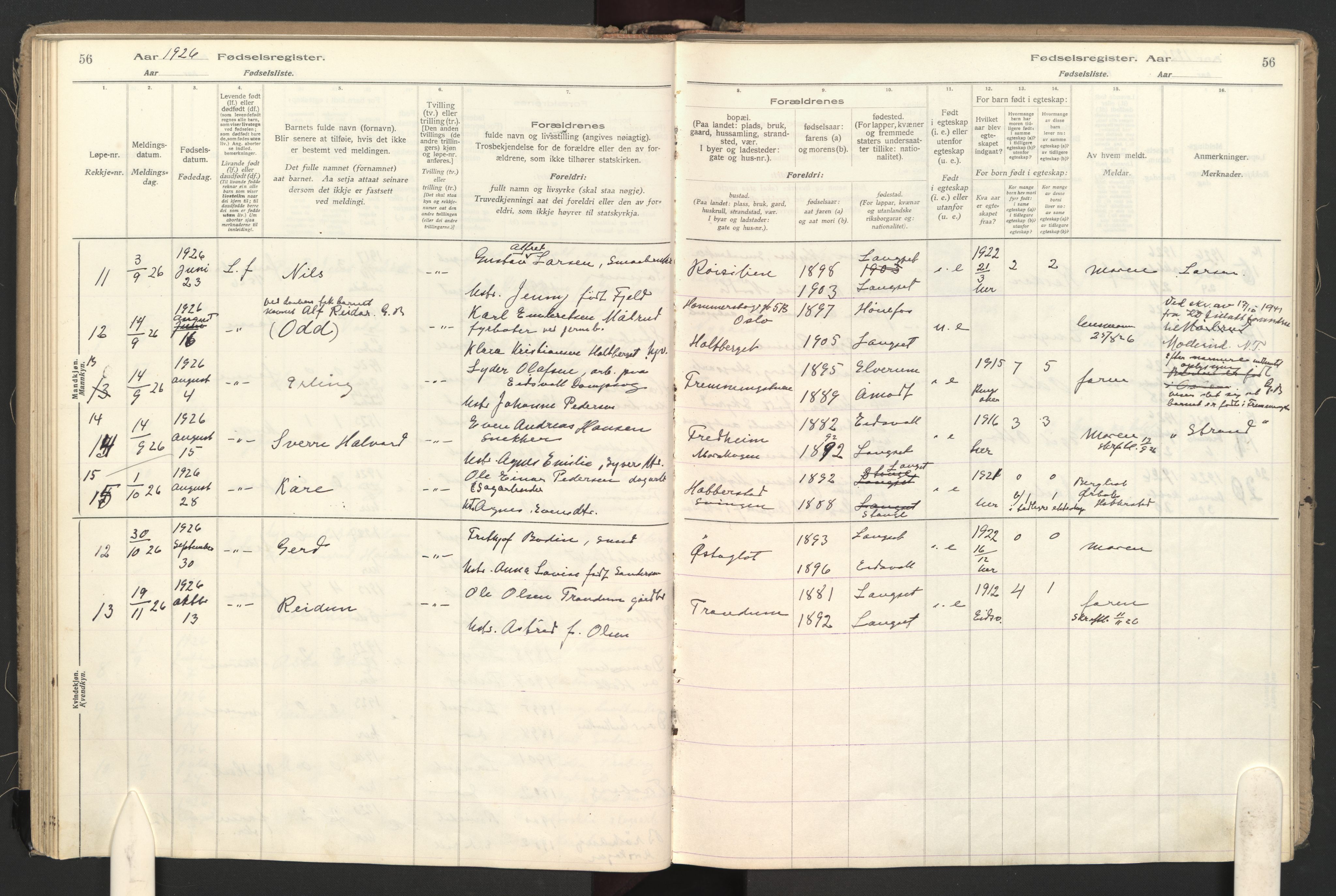 Eidsvoll prestekontor Kirkebøker, SAO/A-10888: Birth register no. II 1, 1916-1959, p. 56