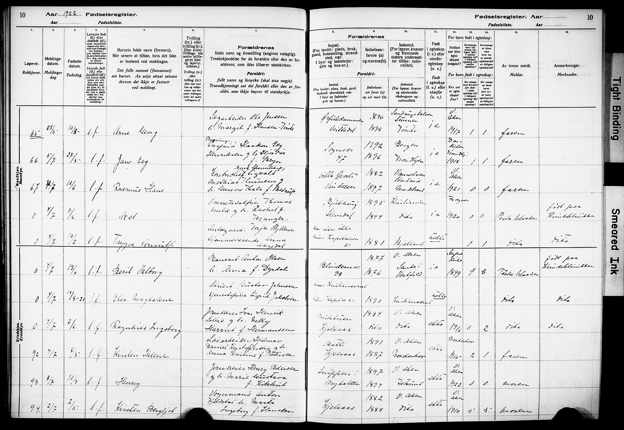 Vestre Aker prestekontor Kirkebøker, AV/SAO-A-10025/J/Ja/L0002: Birth register no. 2, 1922-1926, p. 10