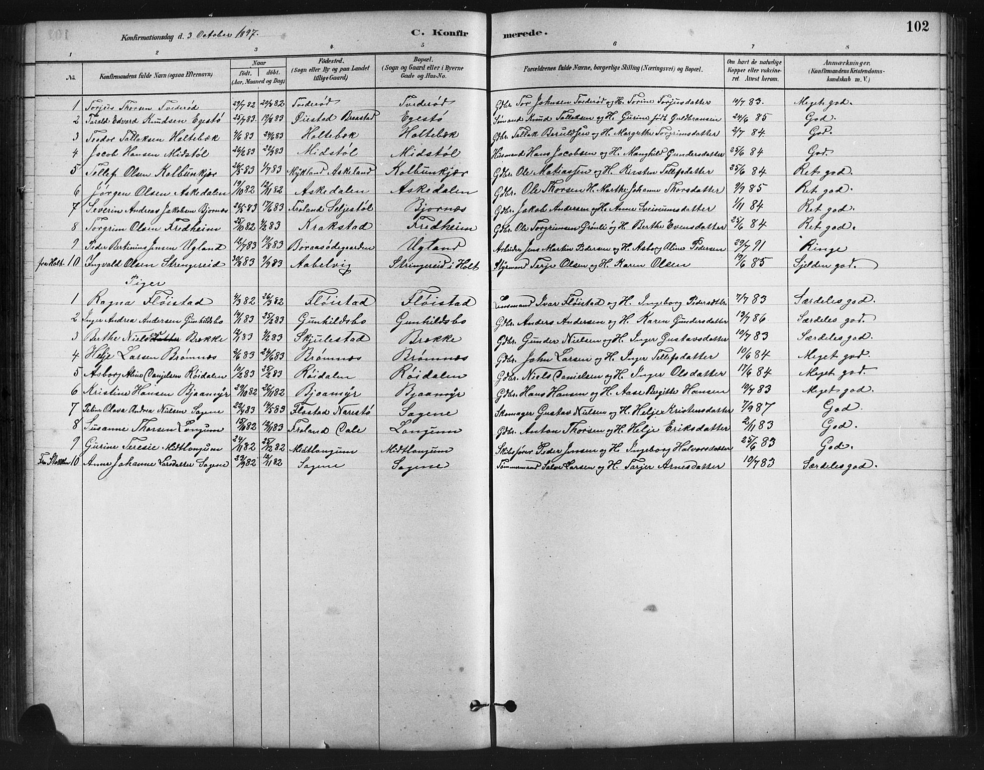 Austre Moland sokneprestkontor, SAK/1111-0001/F/Fb/Fba/L0003: Parish register (copy) no. B 3, 1879-1914, p. 102