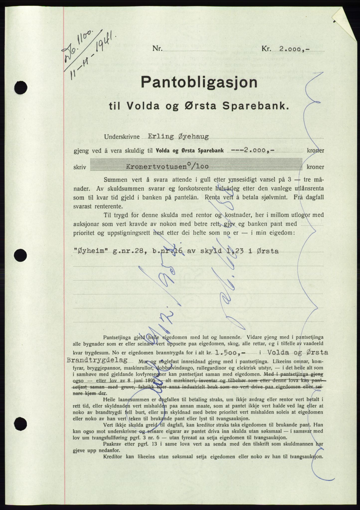 Søre Sunnmøre sorenskriveri, AV/SAT-A-4122/1/2/2C/L0071: Mortgage book no. 65, 1941-1941, Diary no: : 1100/1941