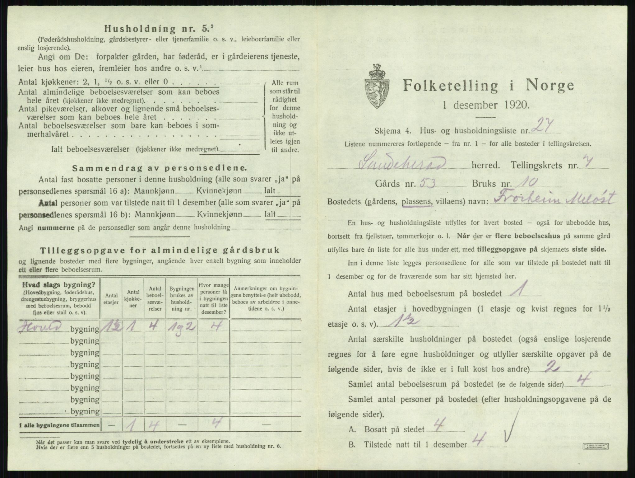 SAKO, 1920 census for Sandeherred, 1920, p. 1511
