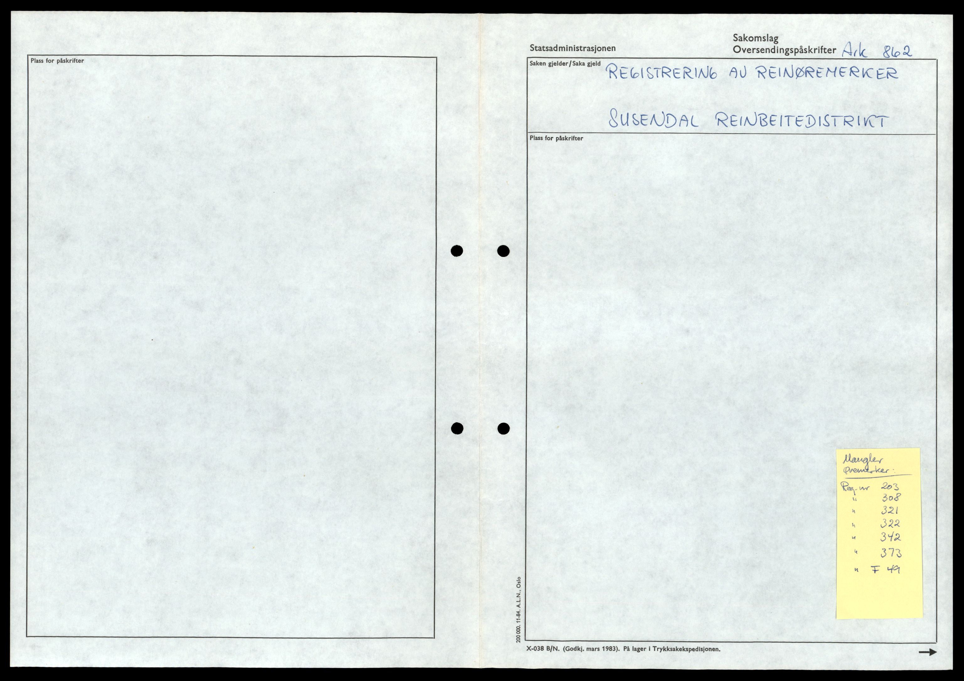 Reindriftsforvaltningen Nordland, SAT/A-5309/D/Dc/L0503/0001: Korrespondanse ordnet etter arkivnøkkel / Reinmerker - Fortegnelser, kladder, Nordland, 1960-2000, p. 689