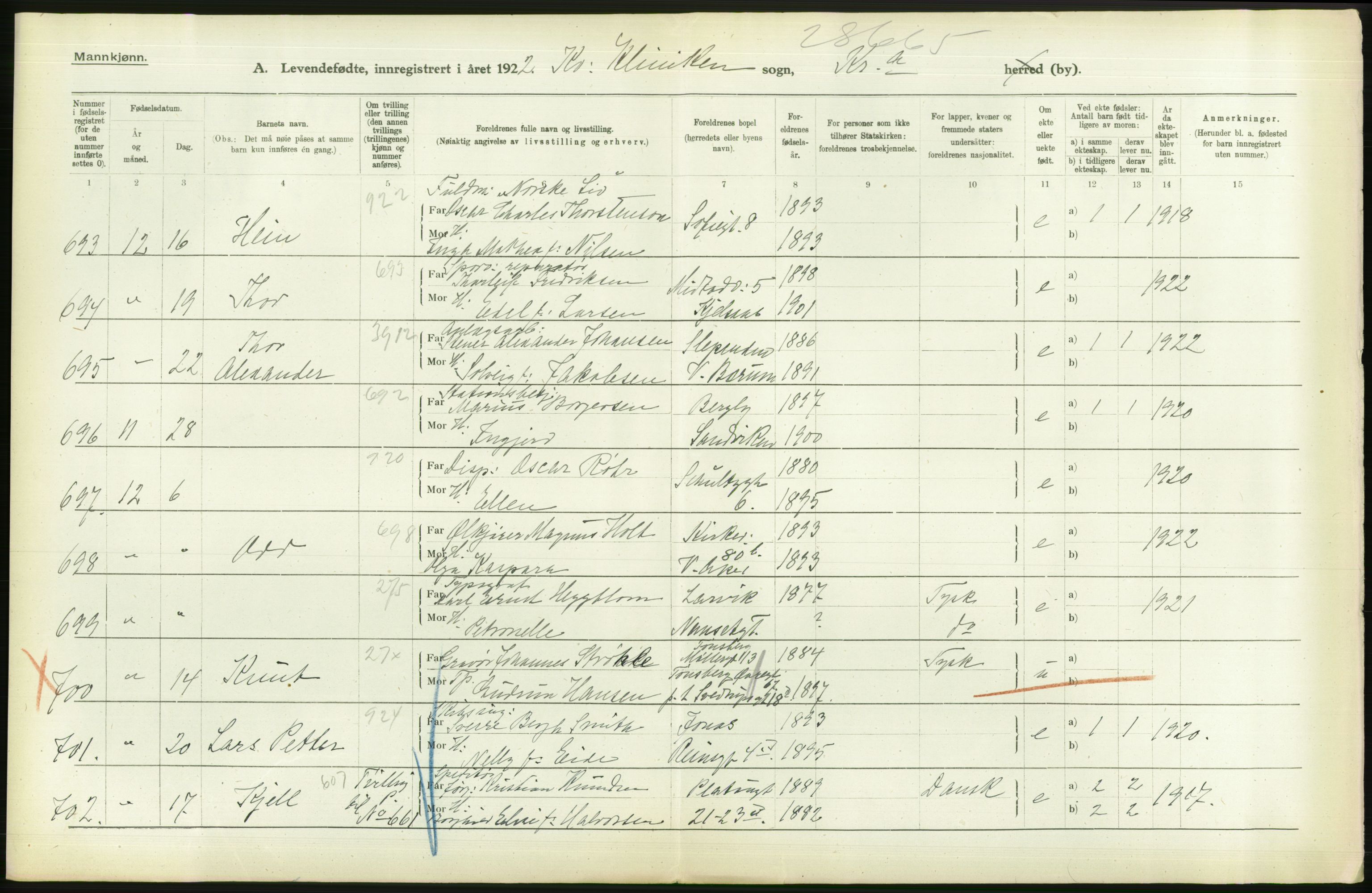 Statistisk sentralbyrå, Sosiodemografiske emner, Befolkning, RA/S-2228/D/Df/Dfc/Dfcb/L0007: Kristiania: Levendefødte menn og kvinner., 1922, p. 512