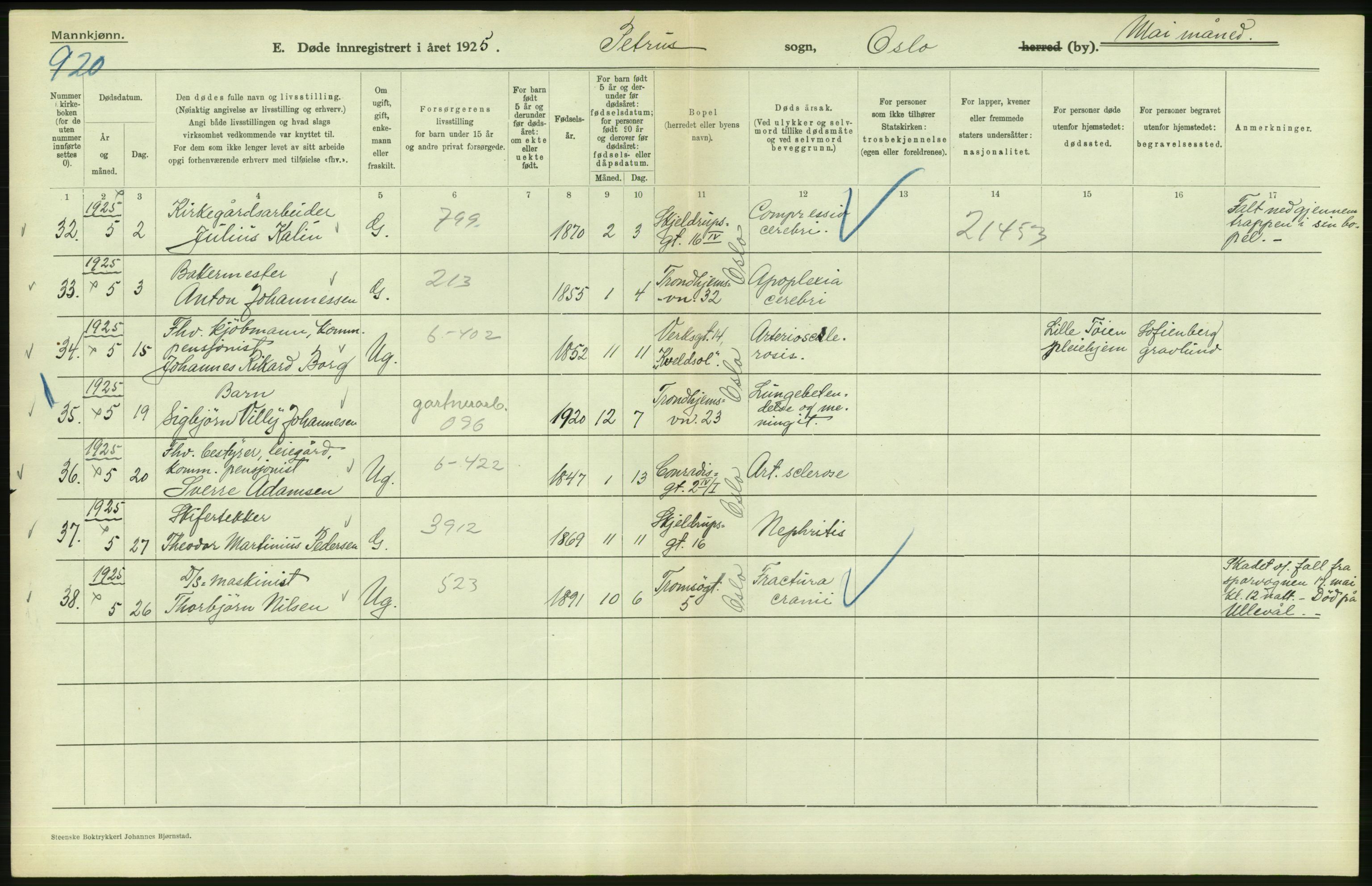 Statistisk sentralbyrå, Sosiodemografiske emner, Befolkning, AV/RA-S-2228/D/Df/Dfc/Dfce/L0009: Oslo: Døde menn, 1925, p. 12