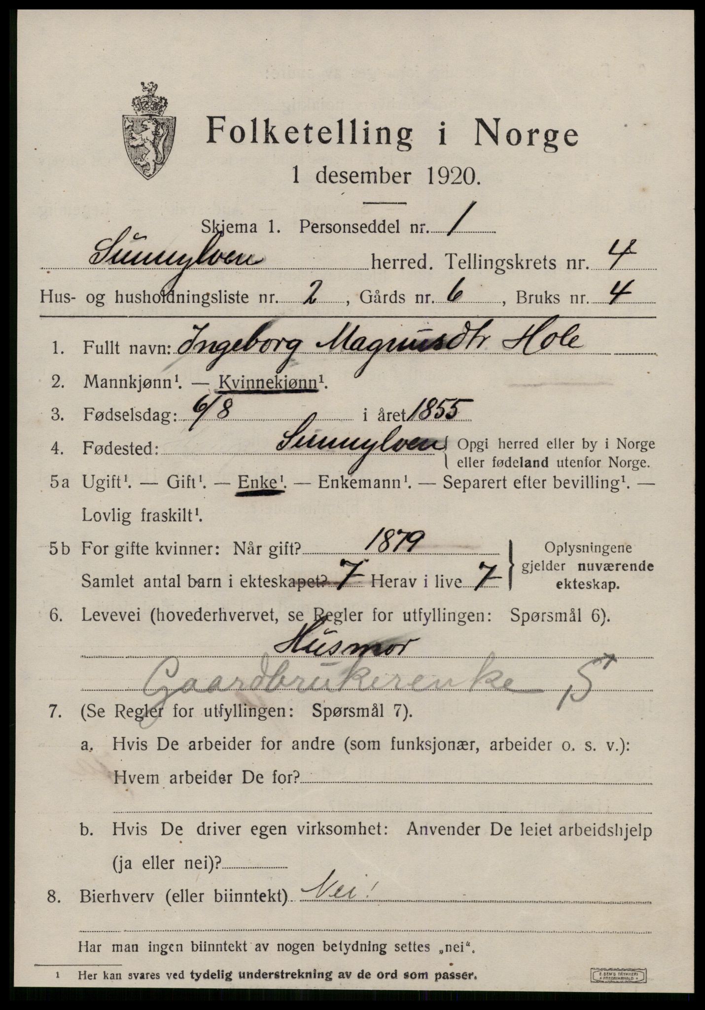 SAT, 1920 census for Sunnylven, 1920, p. 1898