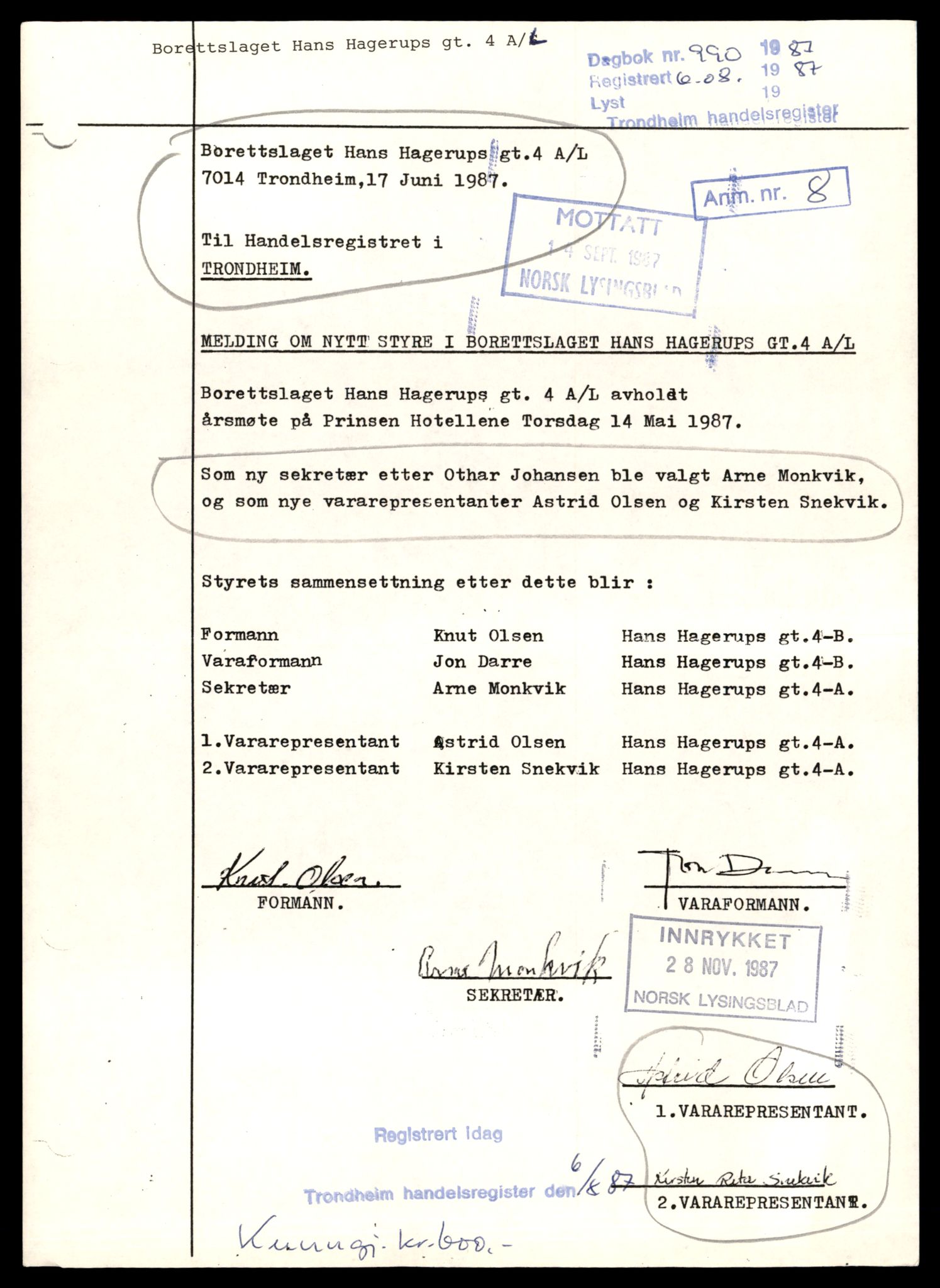 Trondheim byfogd, AV/SAT-A-0003/2/J/Jd/Jda/L0084: Bilag, andelslag og borettslag, Hal-Inn, 1944-1990, p. 5