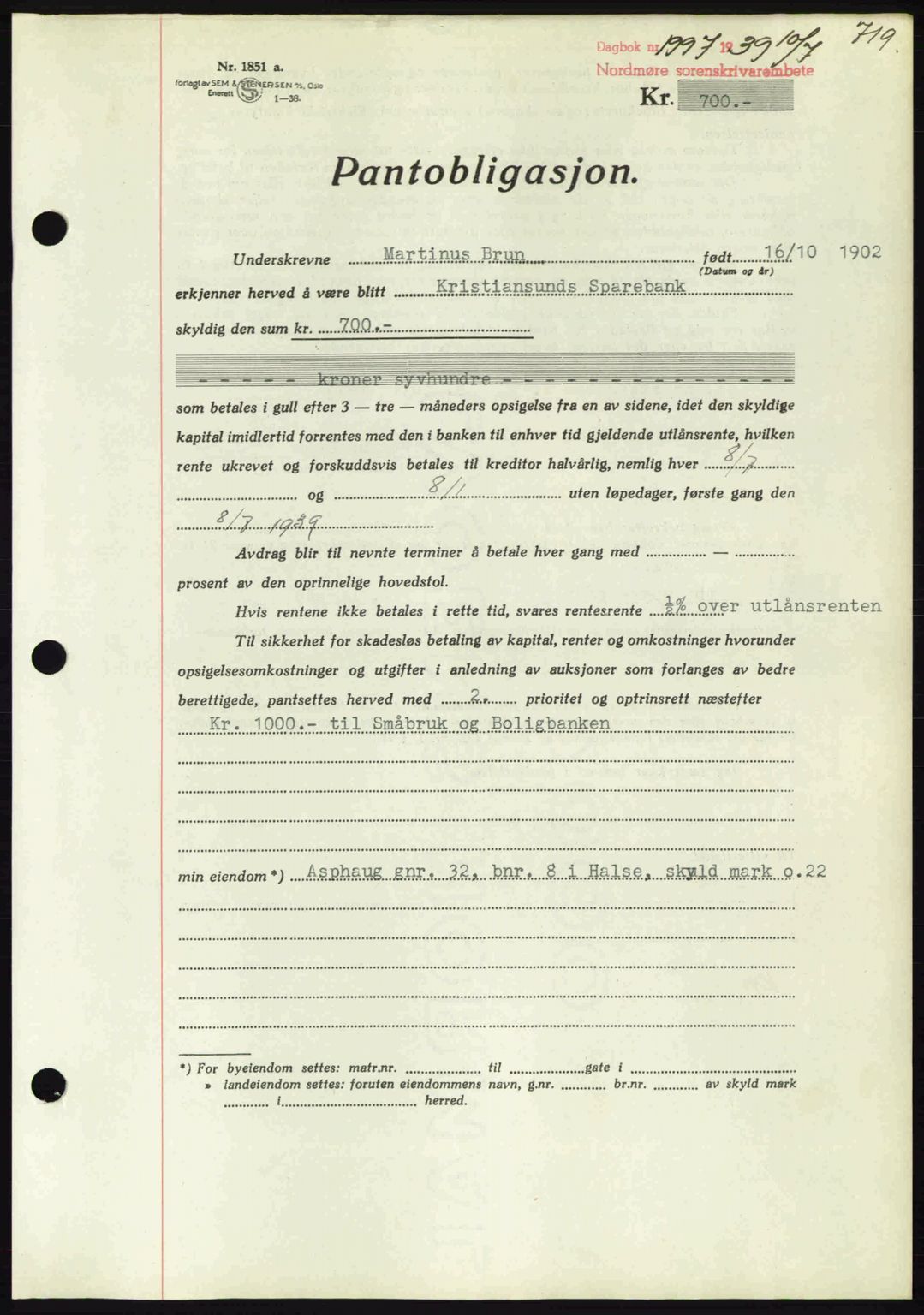 Nordmøre sorenskriveri, AV/SAT-A-4132/1/2/2Ca: Mortgage book no. B85, 1939-1939, Diary no: : 1997/1939