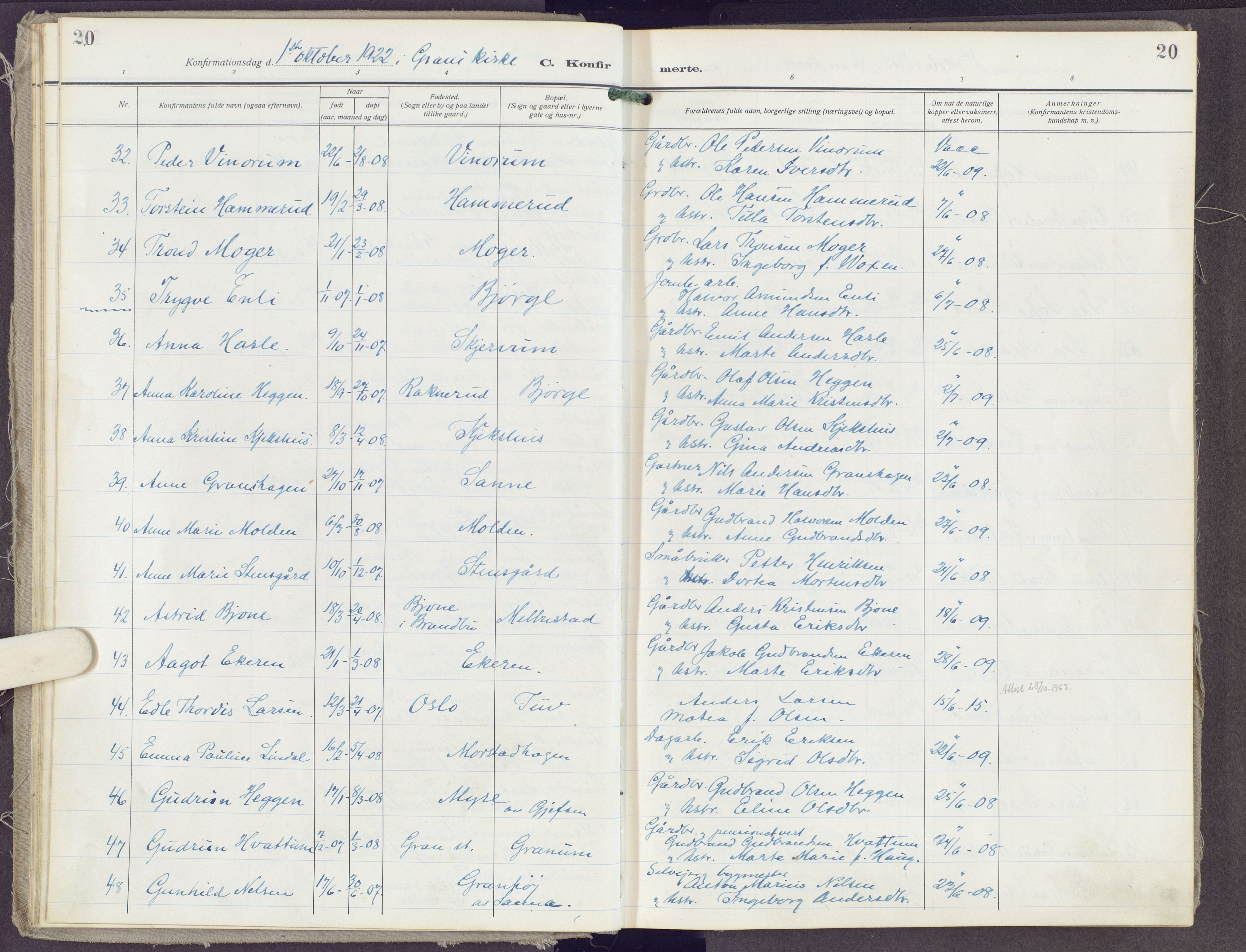 Gran prestekontor, AV/SAH-PREST-112/H/Ha/Haa/L0023: Parish register (official) no. 23, 1919-1938, p. 20