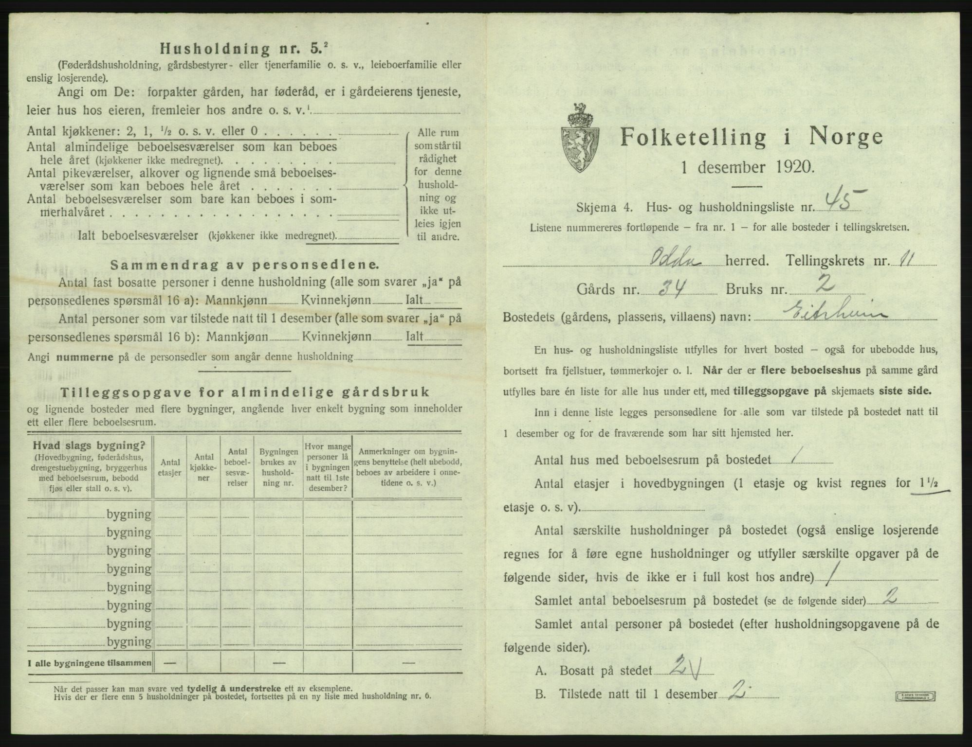 SAB, 1920 census for Odda, 1920, p. 1101