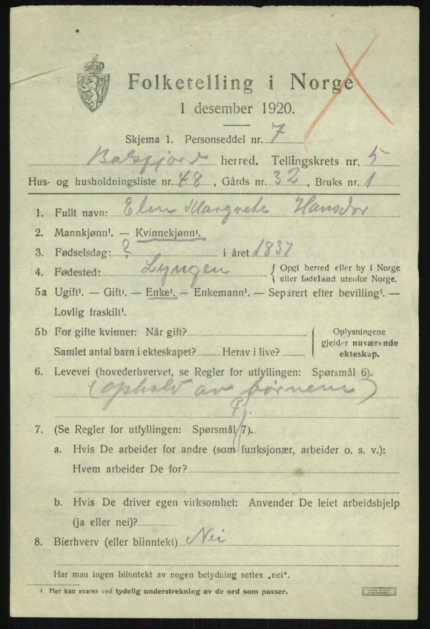 SATØ, 1920 census for Balsfjord, 1920, p. 3737