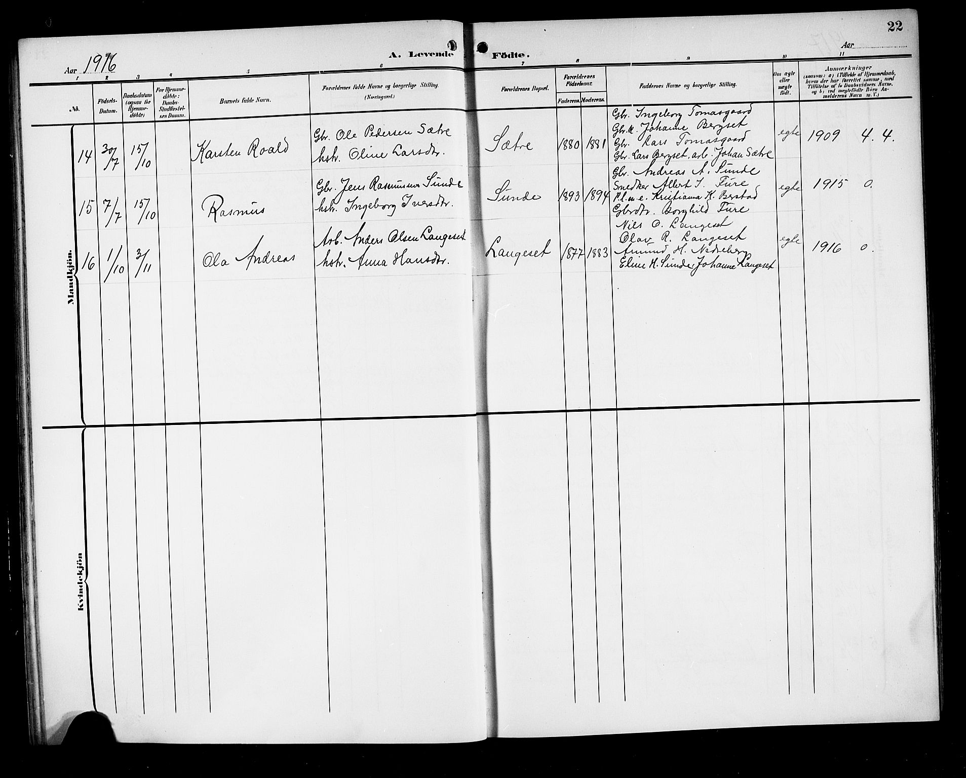 Stryn Sokneprestembete, AV/SAB-A-82501: Parish register (copy) no. A 3, 1906-1924, p. 22