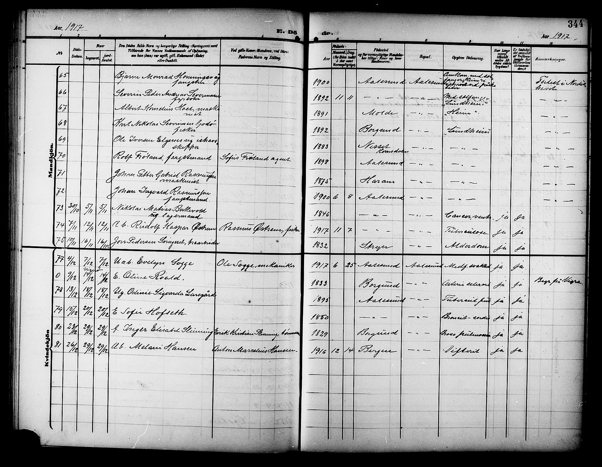 Ministerialprotokoller, klokkerbøker og fødselsregistre - Møre og Romsdal, AV/SAT-A-1454/529/L0470: Parish register (copy) no. 529C07, 1907-1917, p. 344