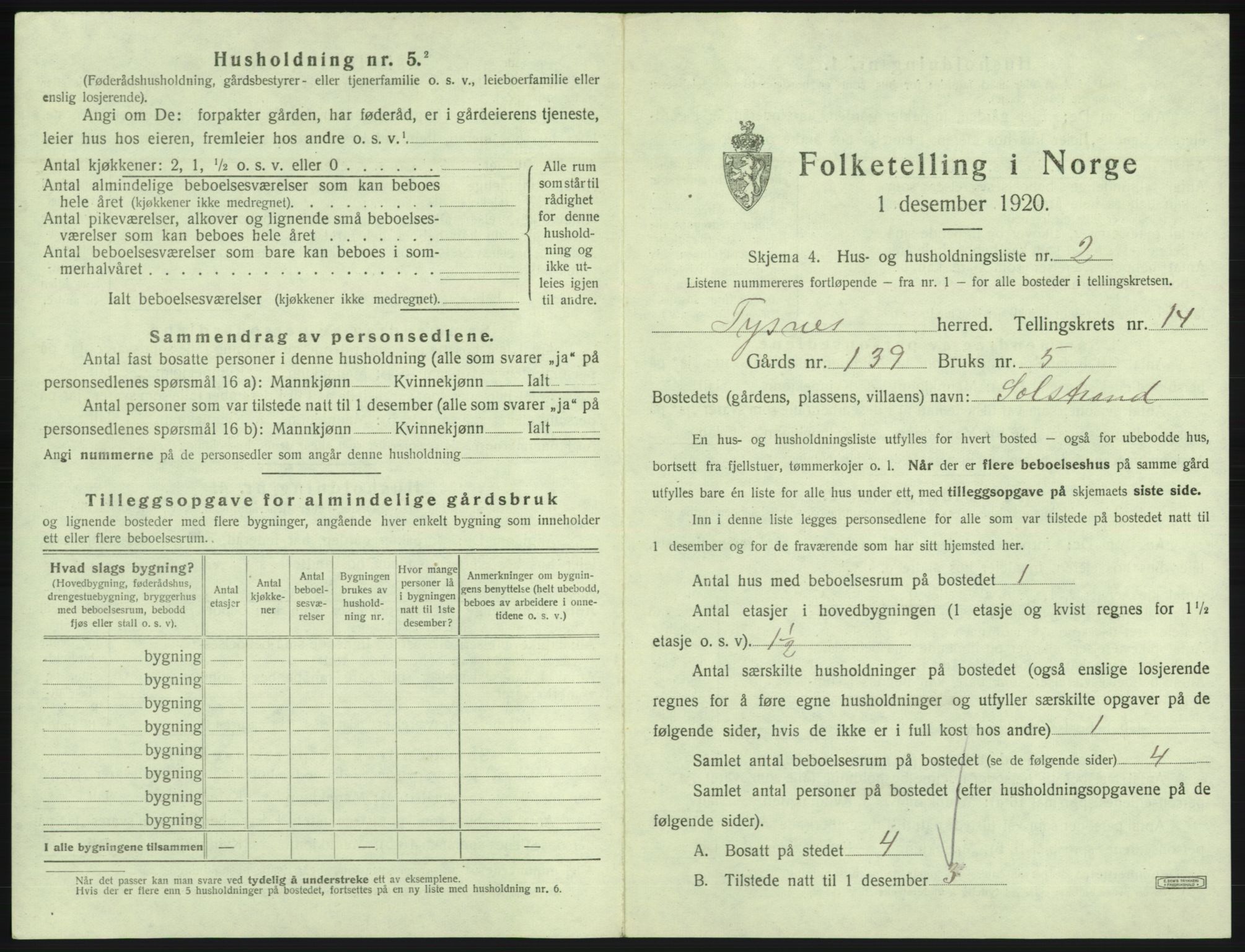 SAB, 1920 census for Tysnes, 1920, p. 1389