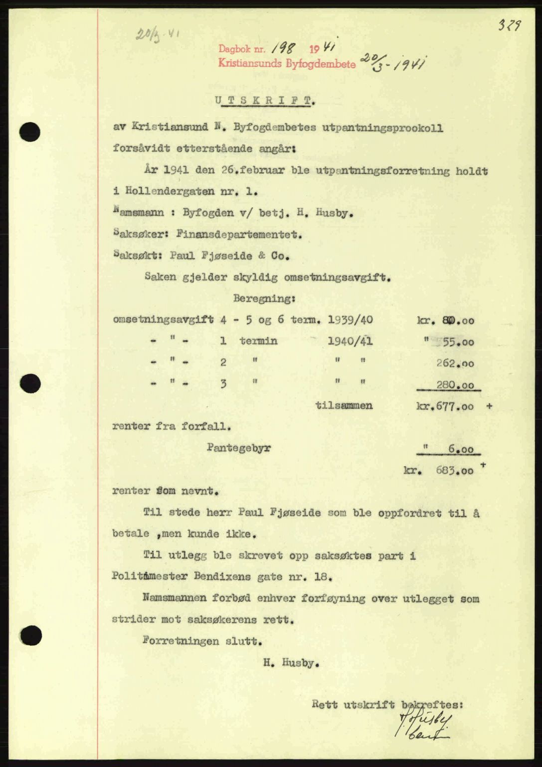 Kristiansund byfogd, AV/SAT-A-4587/A/27: Mortgage book no. 33, 1939-1941, Diary no: : 198/1941