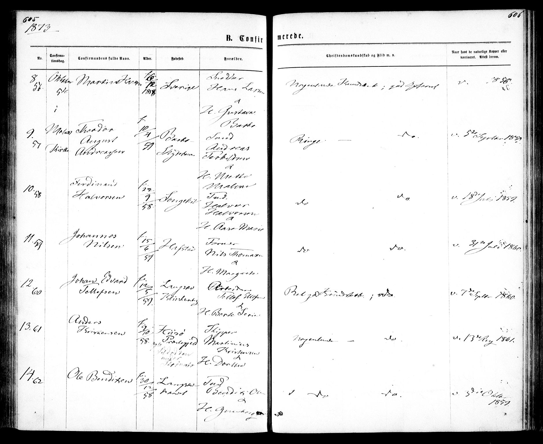 Tromøy sokneprestkontor, AV/SAK-1111-0041/F/Fa/L0008: Parish register (official) no. A 8, 1870-1877, p. 605-606