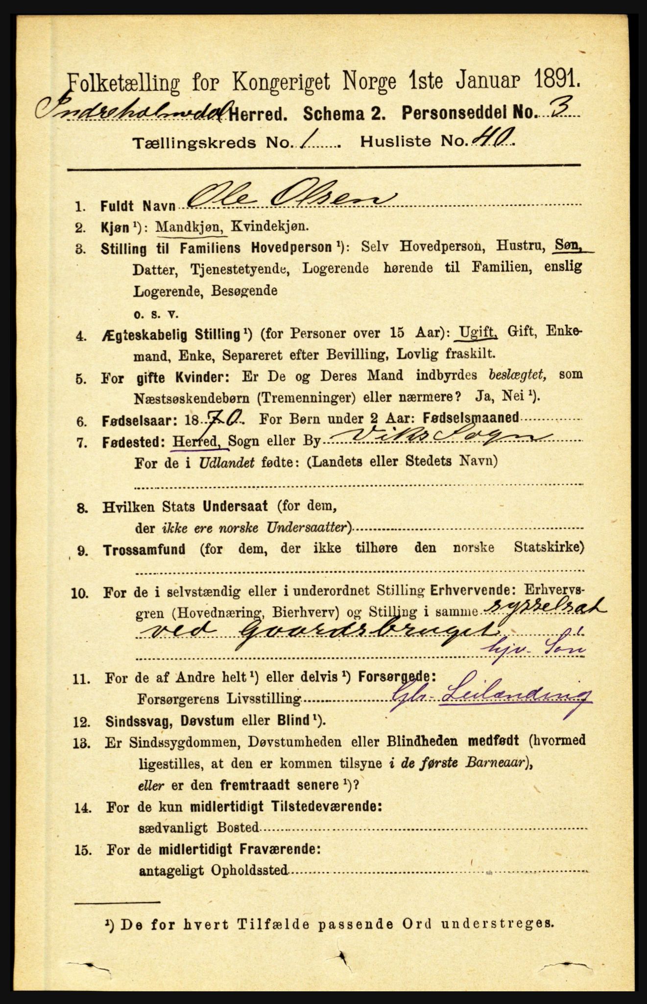 RA, 1891 census for 1430 Indre Holmedal, 1891, p. 371