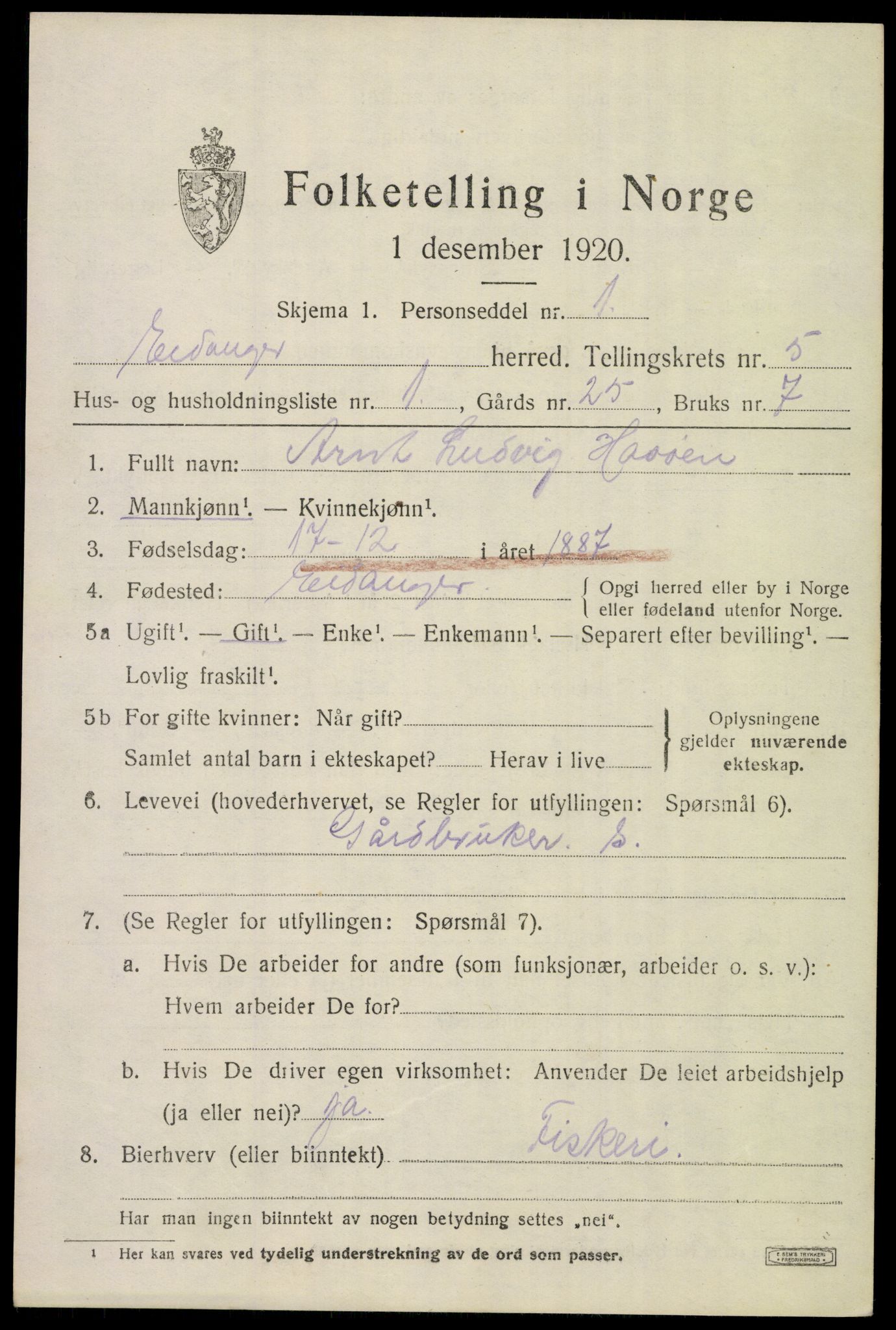 SAKO, 1920 census for Eidanger, 1920, p. 5008