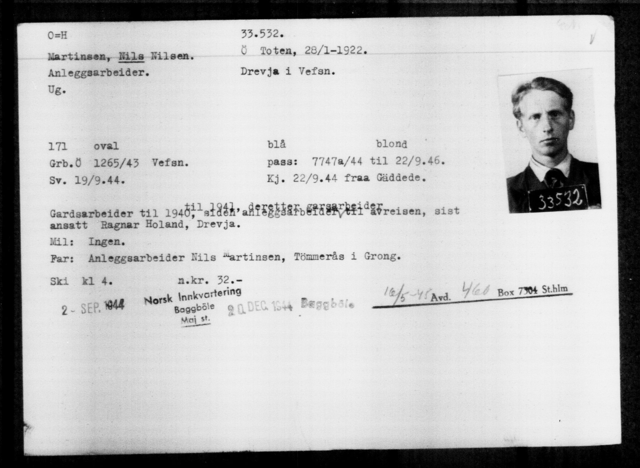 Utenriksstasjonene, Legasjonen i Stockholm, Flyktningkontoret, AV/RA-S-6753/V/Va/L0013: Kjesäterkartoteket, flyktninger med registreringsnr. 31500-34731, 1940-1945, p. 2142