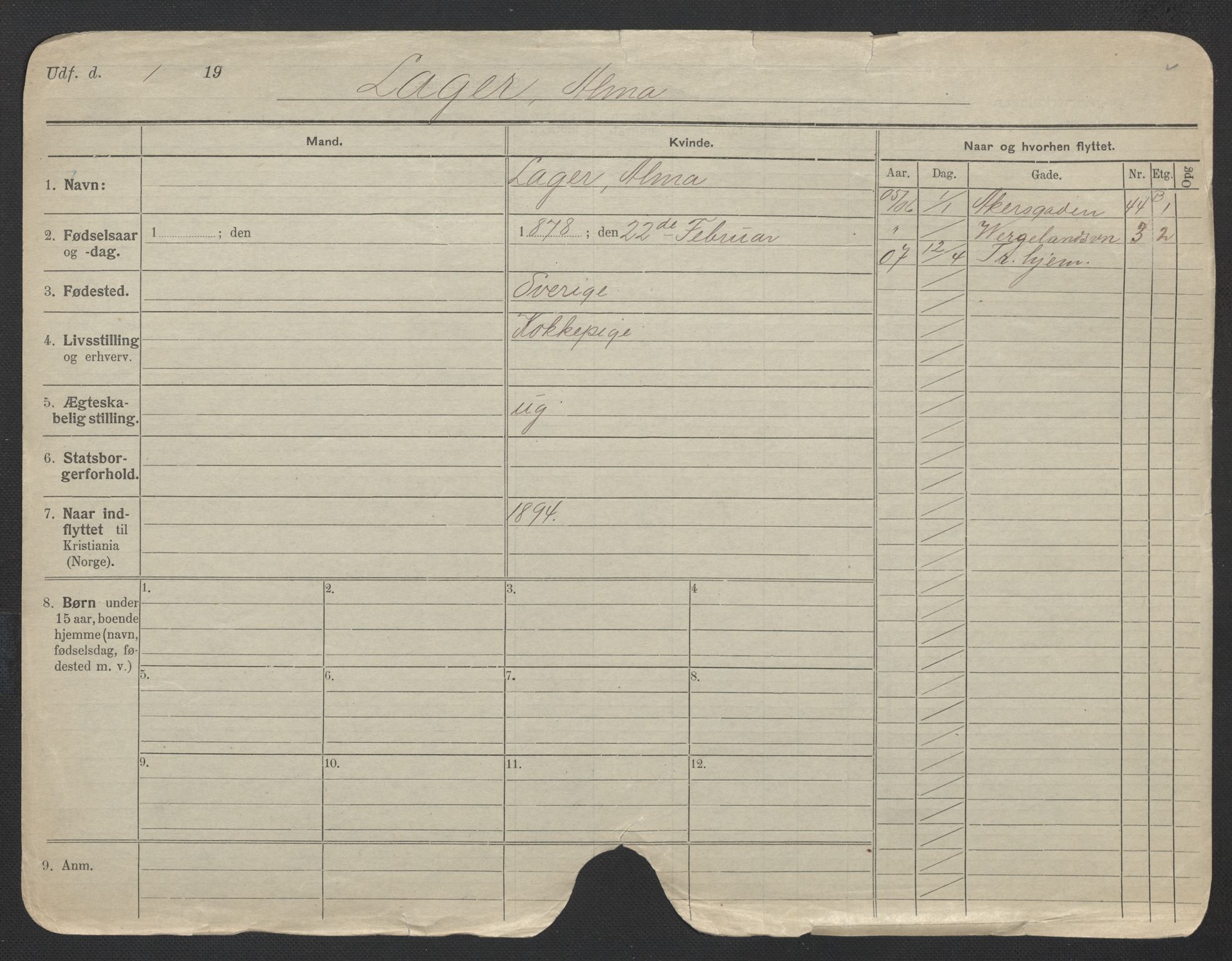 Oslo folkeregister, Registerkort, AV/SAO-A-11715/F/Fa/Fac/L0019: Kvinner, 1906-1914, p. 706a