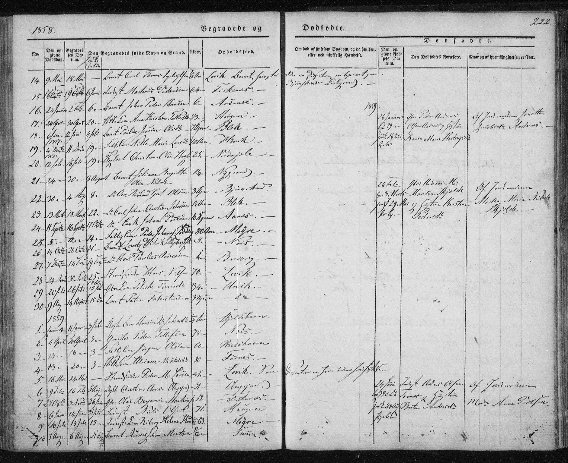 Ministerialprotokoller, klokkerbøker og fødselsregistre - Nordland, AV/SAT-A-1459/897/L1396: Parish register (official) no. 897A04, 1842-1866, p. 222