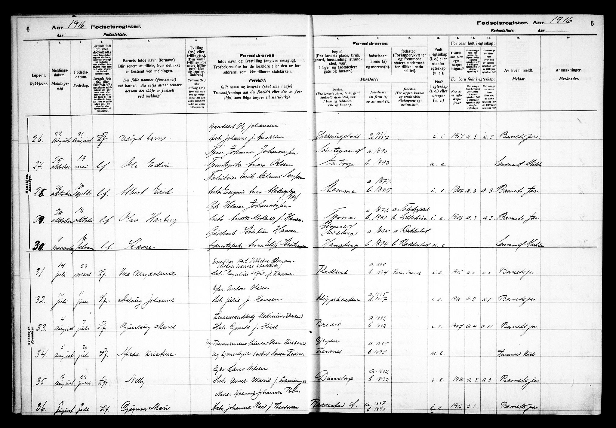 Rakkestad prestekontor Kirkebøker, AV/SAO-A-2008/J/Ja/L0001: Birth register no. I 1, 1916-1936, p. 6