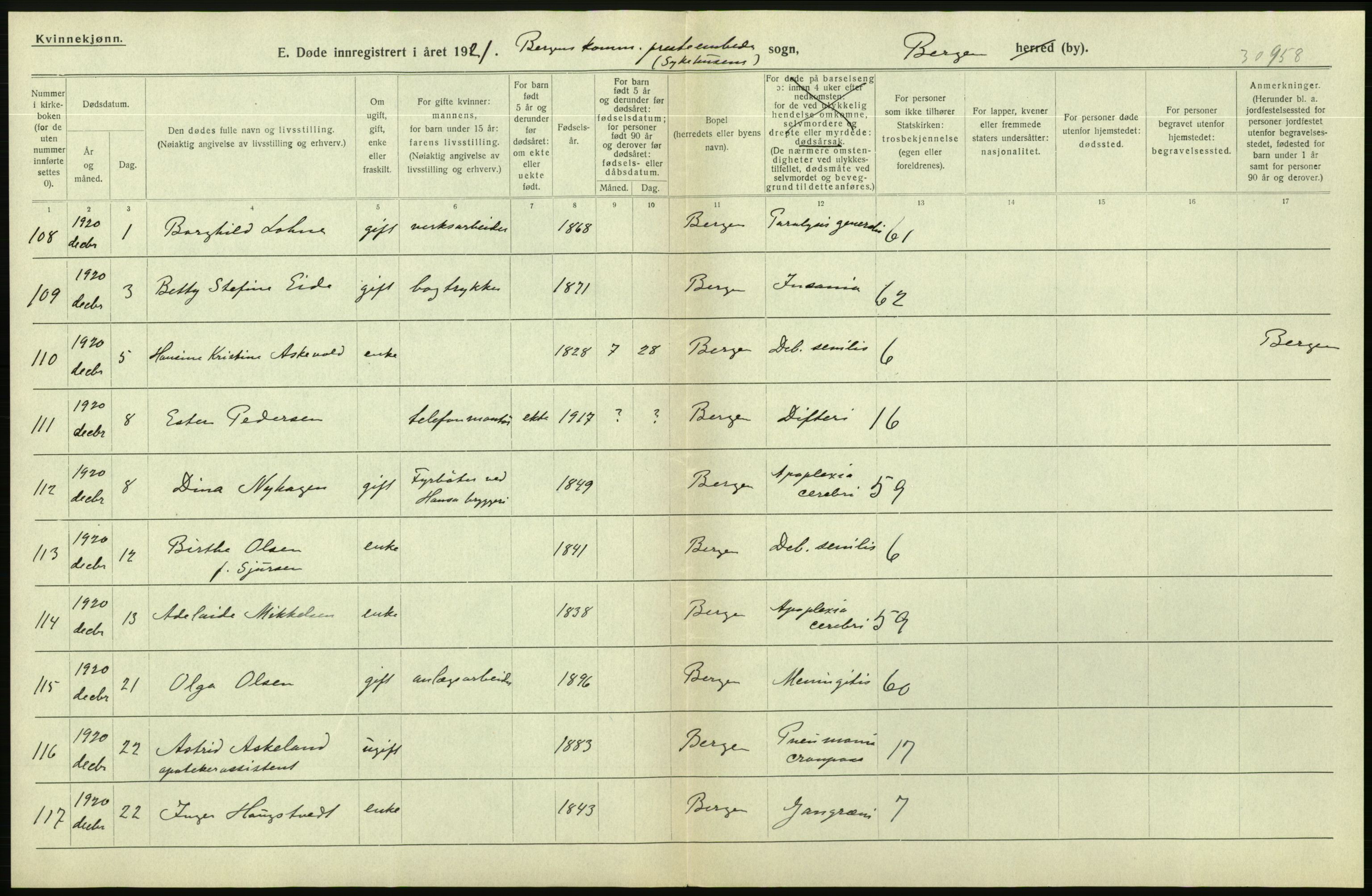 Statistisk sentralbyrå, Sosiodemografiske emner, Befolkning, AV/RA-S-2228/D/Df/Dfb/Dfbj/L0042: Bergen: Gifte, døde, dødfødte., 1920, p. 350